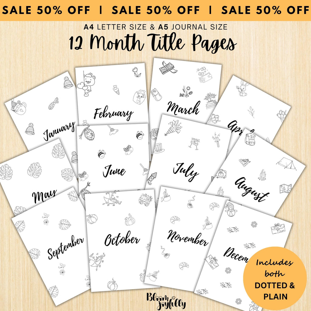12 Month Cover Pages — 12 Month Title Page Bundle, Printable Monthly Planner Covers, PRINTABLE TITLE PAGE, ... | Bloom Joyfully printable
