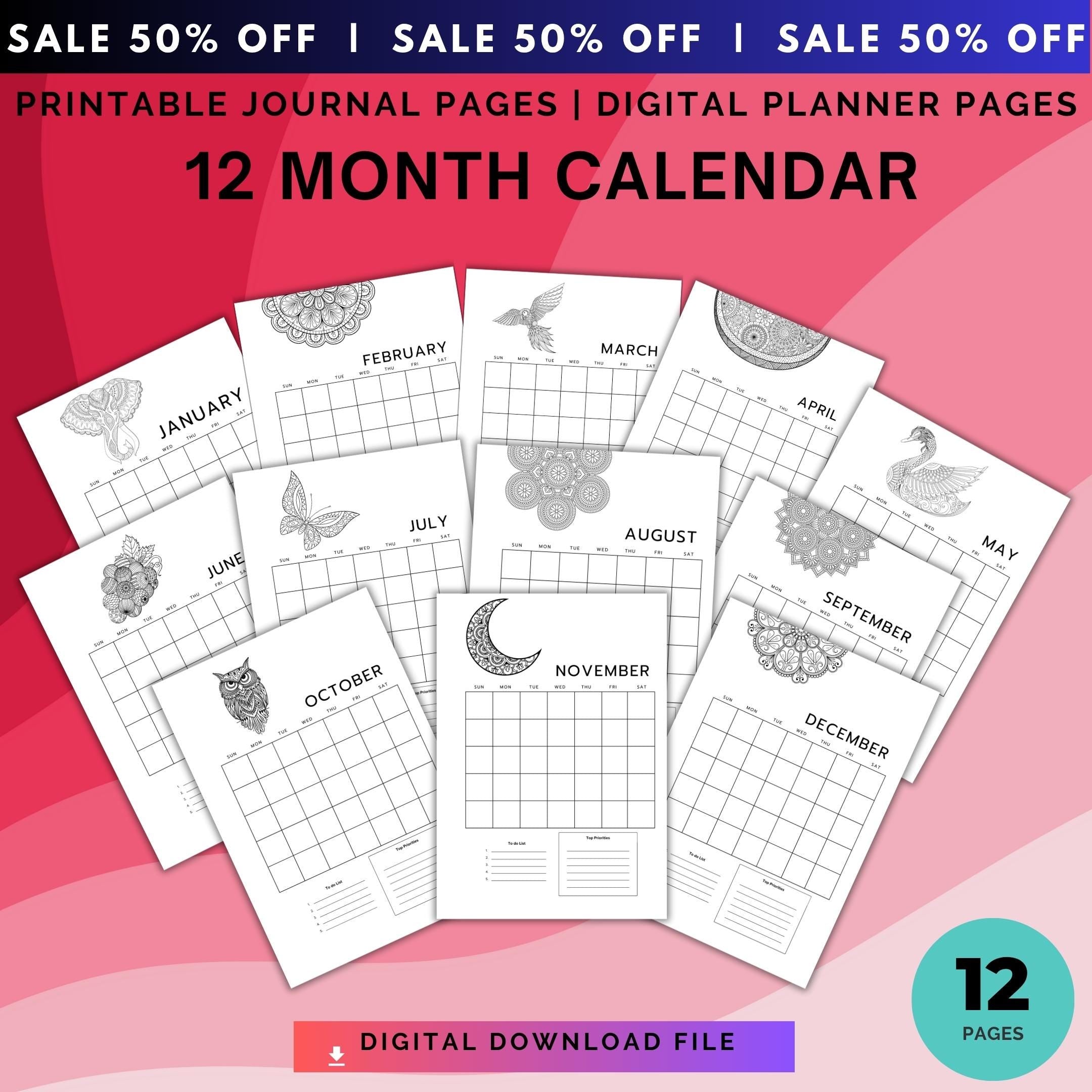 Bujo Template — 12 Month Calendar, Monthly Planner, Journal Calendar, PRINTABLE CALENDAR, Journal, Printabl... | Bloom Joyfully printable