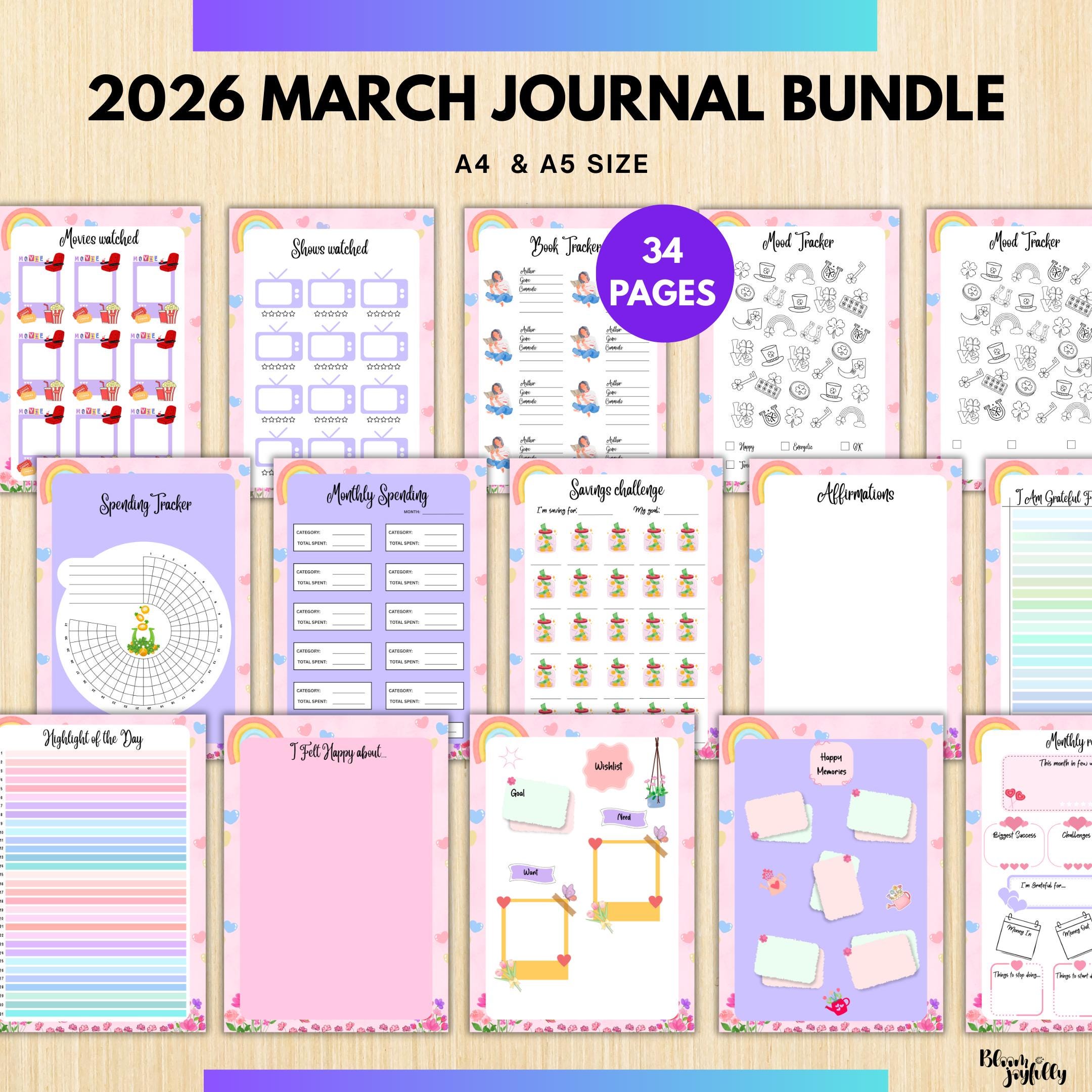 Digital Planner — MARCH Planner Bundle, Habit Tracker, Daily Reflection, Mental Health, Gratitude, Mood Tra... | Mindfulness printable