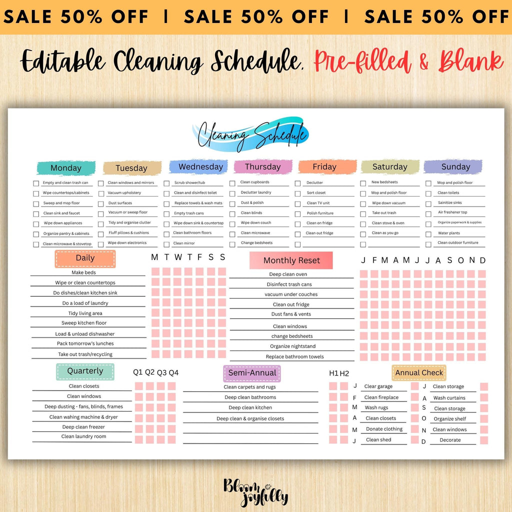 Cleaning Checklist — EDITABLE Cleaning Planner, Daily, Weekly & Monthly Checklist, Home Cleaning Planner Pr... | Bloom Joyfully printable