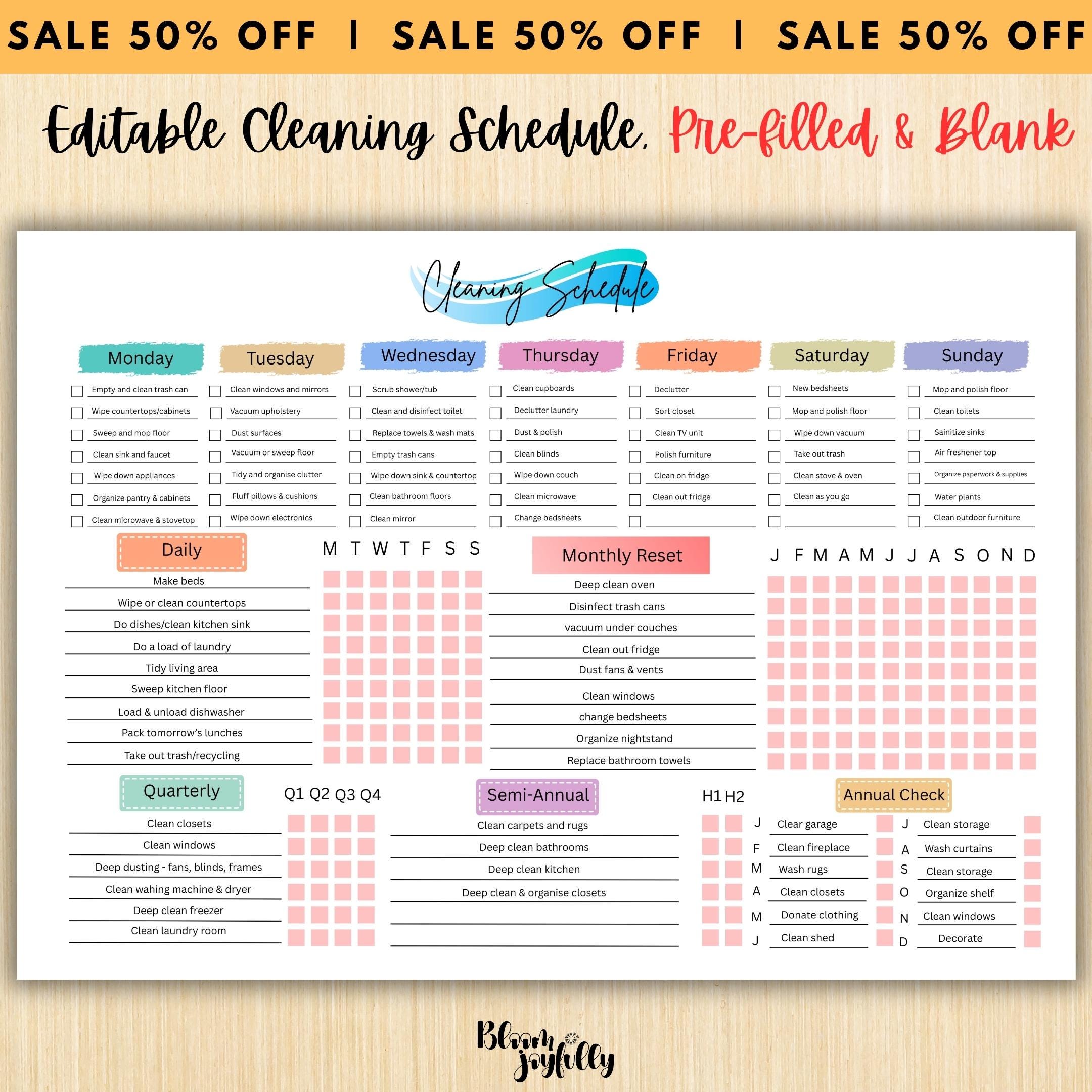 Cleaning Checklist — EDITABLE Cleaning Planner, Daily, Weekly & Monthly Checklist, Home Cleaning Planner Pr... | Bloom Joyfully printable