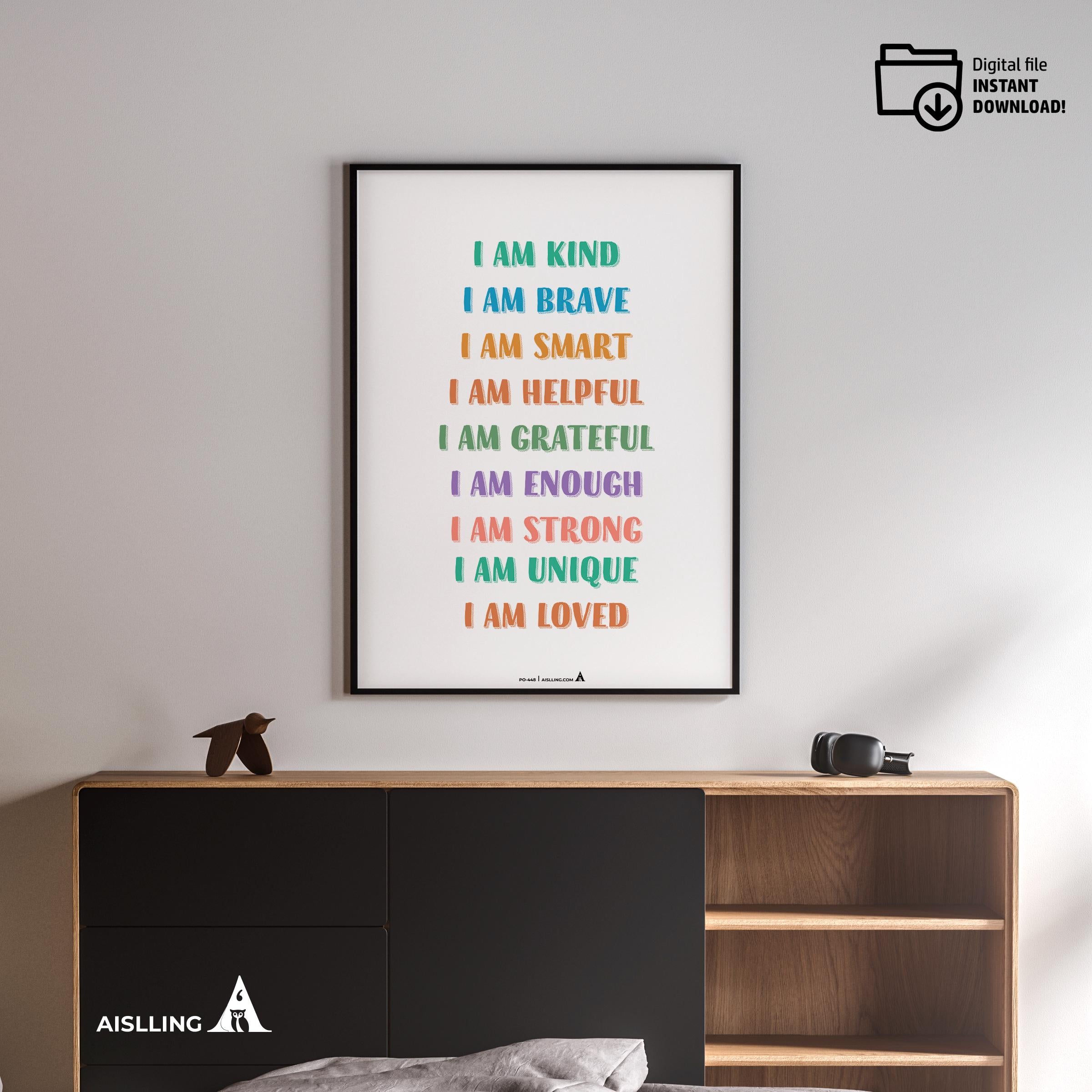 Calming Kit — inspirational quote I am Kind Smart Brave wall art positive affirmations digital prints empow... | Mindfulness printable