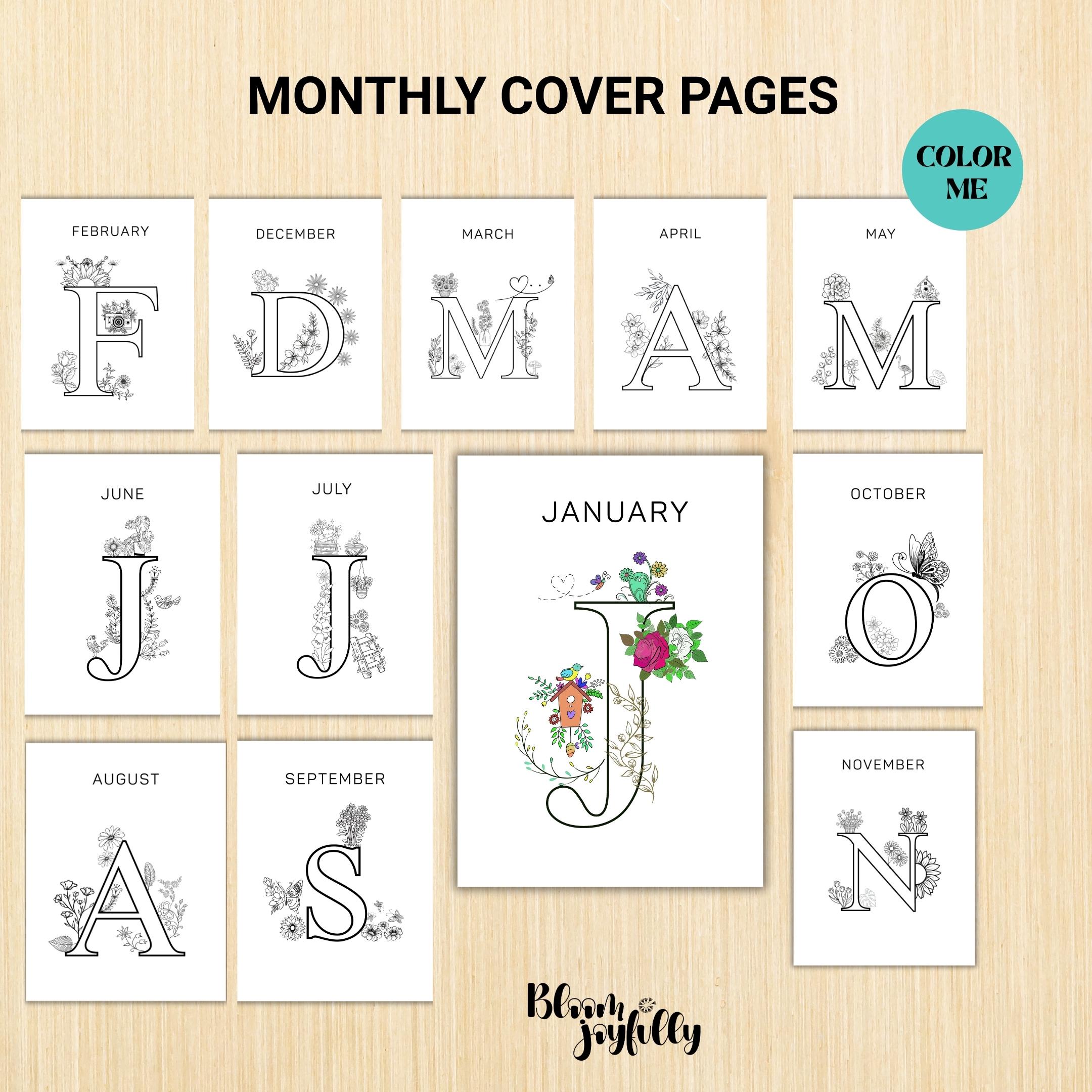 12 Month Cover Page — BOHO MONTHLY Cover Pages Template, Printable Fun Colour in Planner Binder Inserts Ins... | Bloom Joyfully printable