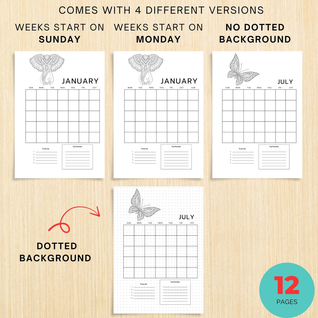 Bujo Template — 12 Month Calendar, Monthly Planner, Journal Calendar, PRINTABLE CALENDAR, Journal, Printabl... | Bloom Joyfully printable