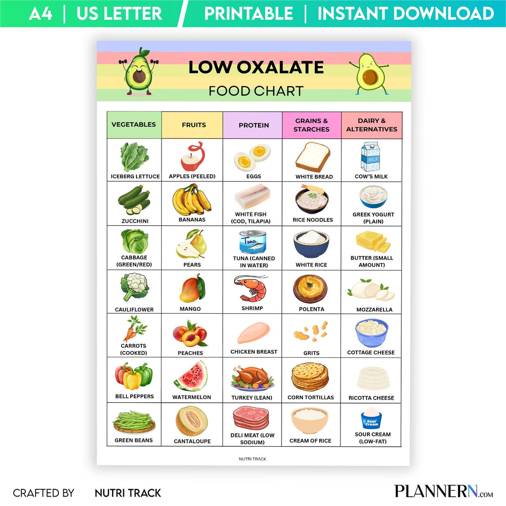 Diet Printable — Low Oxalate Food Chart Printable, Kidney Stone Diet Food Chart, Low Oxalate Grocery List, ... | Nutri Track printable