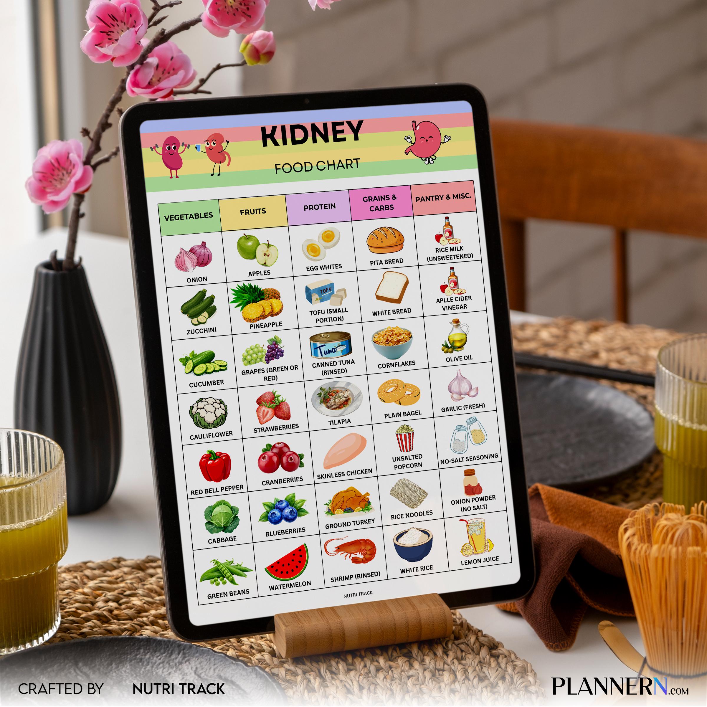 Kidney Food Chart Printable, Kidney Friendly Foods List, Renal Diet Food Guide, Low Sodium, Low Potassium F... | Nutri Track printable