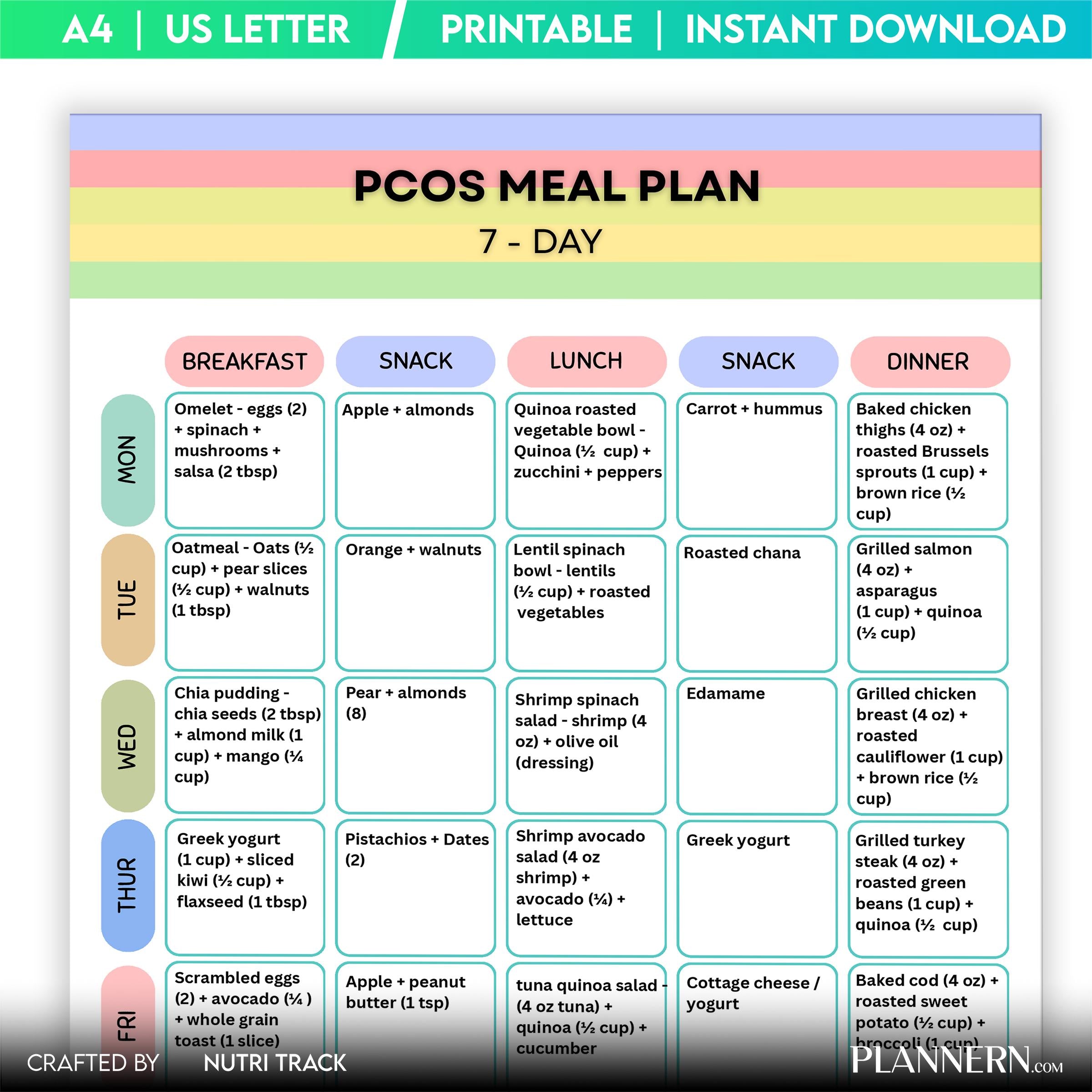 PCOS 7 Day Meal Plan Printable, PCOS Diet Plan, Hormone Balance Meal Planner, Women PCOS Healthy Eating Die... | Nutri Track printable