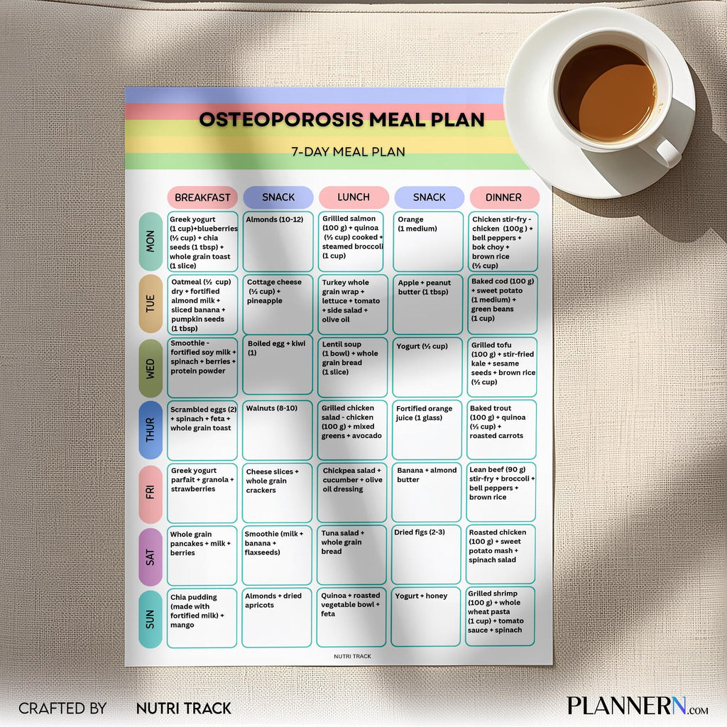 Osteoporosis 7 Day Meal Plan, Bone Health Diet Plan, Calcium Rich Weekly Menu, Osteoporosis Weekly Menu & G... | Nutri Track printable