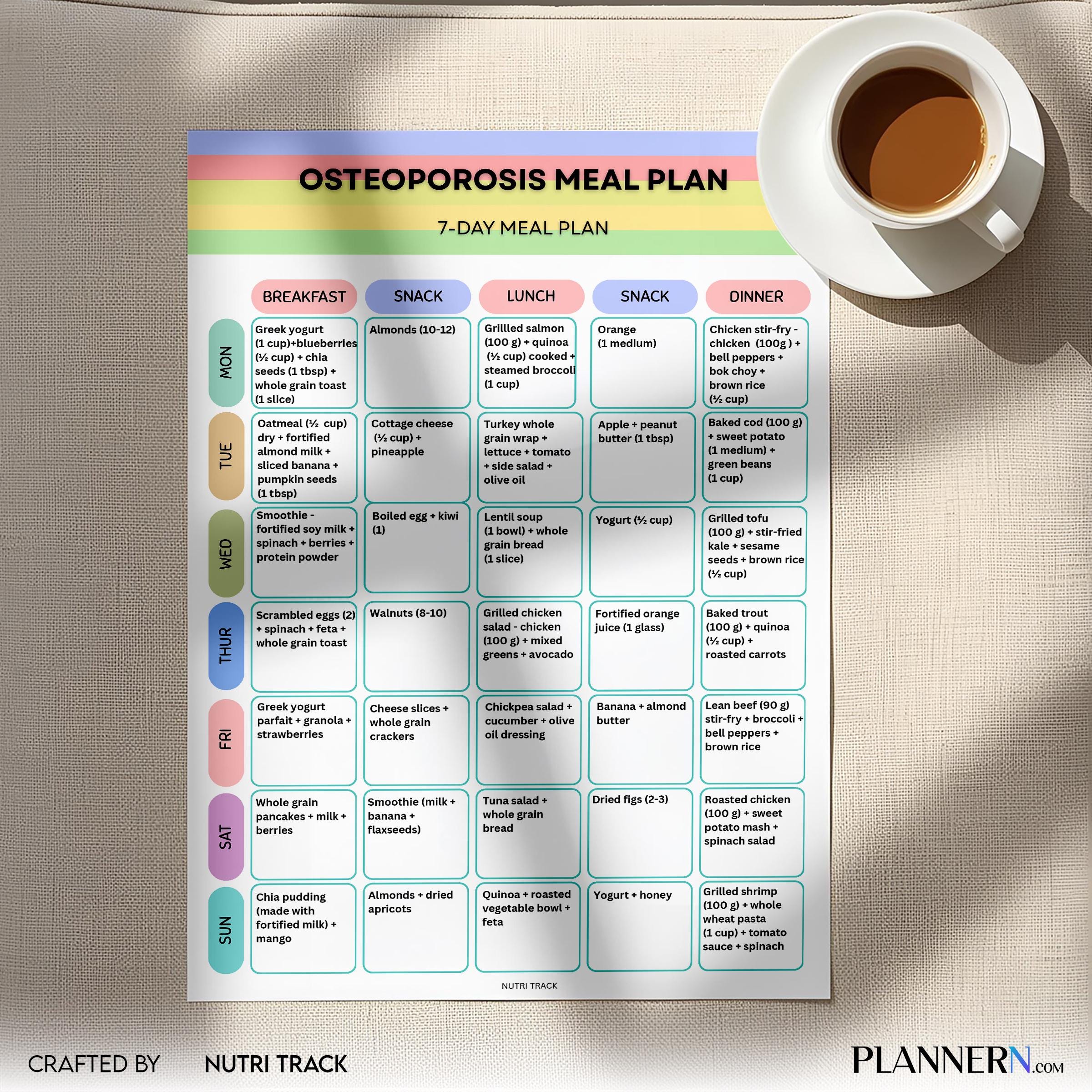 Osteoporosis 7 Day Meal Plan, Bone Health Diet Plan, Calcium Rich Weekly Menu, Osteoporosis Weekly Menu & G... | Nutri Track printable