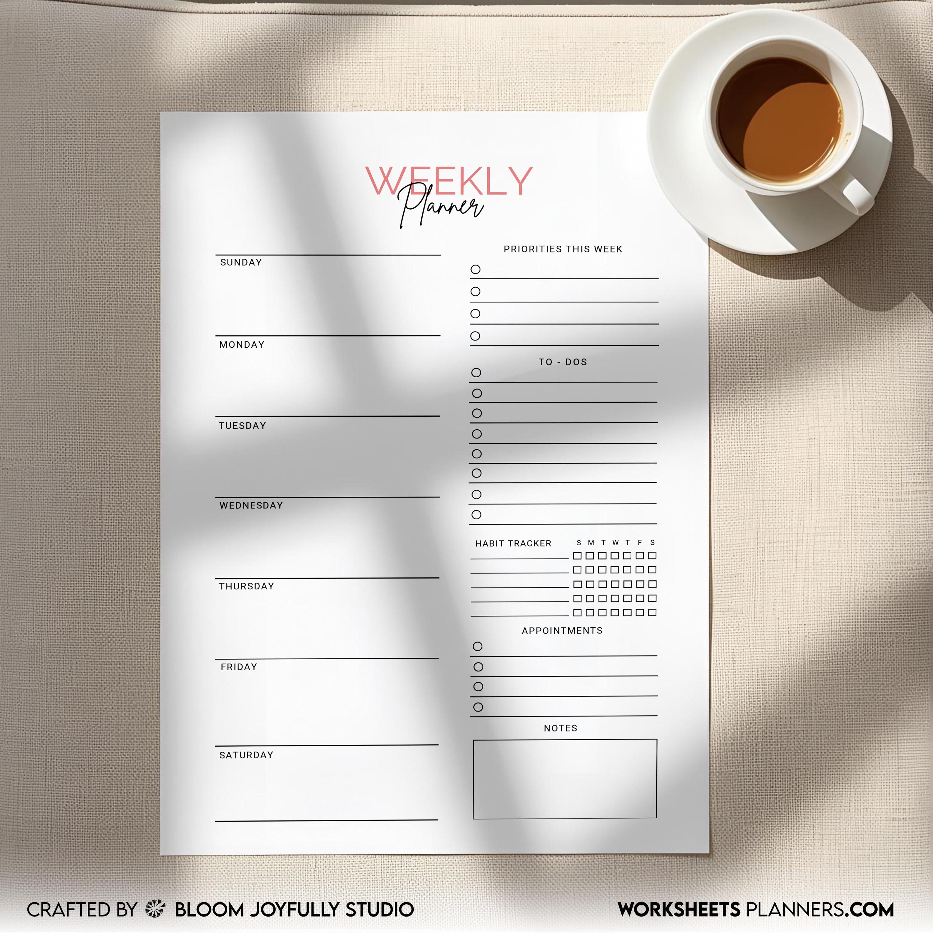 Digital Planner — Minimalist Weekly Planner PRINTABLE, Weekly To Do List, Weekly Habit Tracker, Weekly Goal... | Bloom Joyfully printable