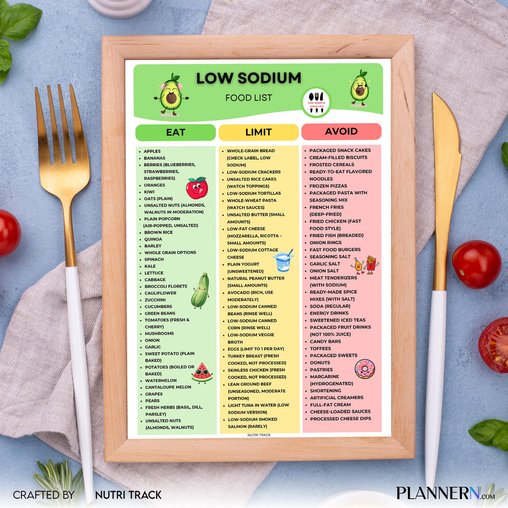 Diet Printable — Low Sodium Food List Printable, Low Salt Diet Food Chart, High Blood Pressure, Diabetes, S... | Nutri Track printable