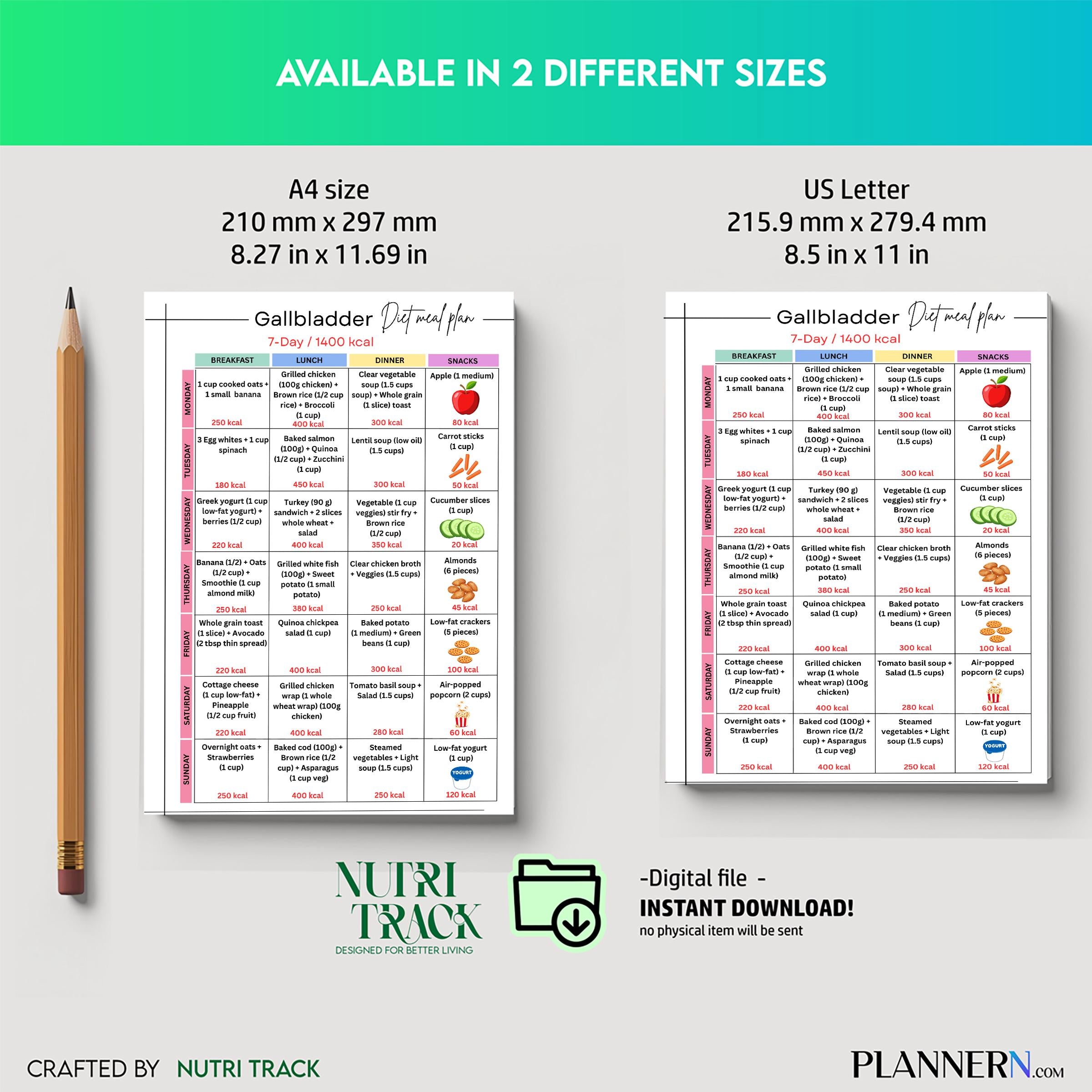 1400 Calorie Meal — Gallbladder Diet Meal Plan 7 days, Gallbladder Friendly Printable PDF, 1400 Calorie Low... | Nutri Track printable