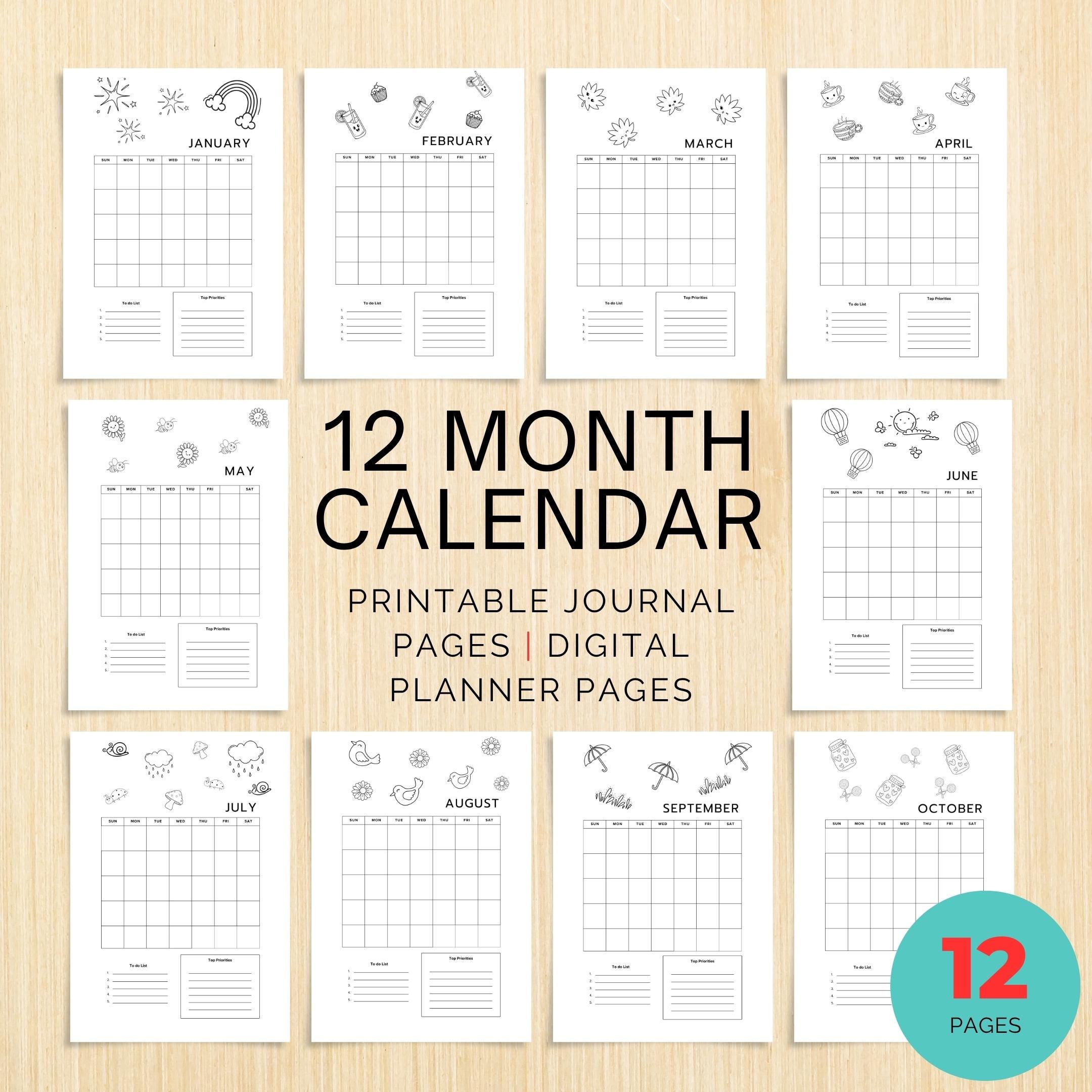 Bujo Template — 12 Month Calendar, Monthly Planner, Journal Calendar, PRINTABLE CALENDAR, Journal, Printabl... | Bloom Joyfully printable