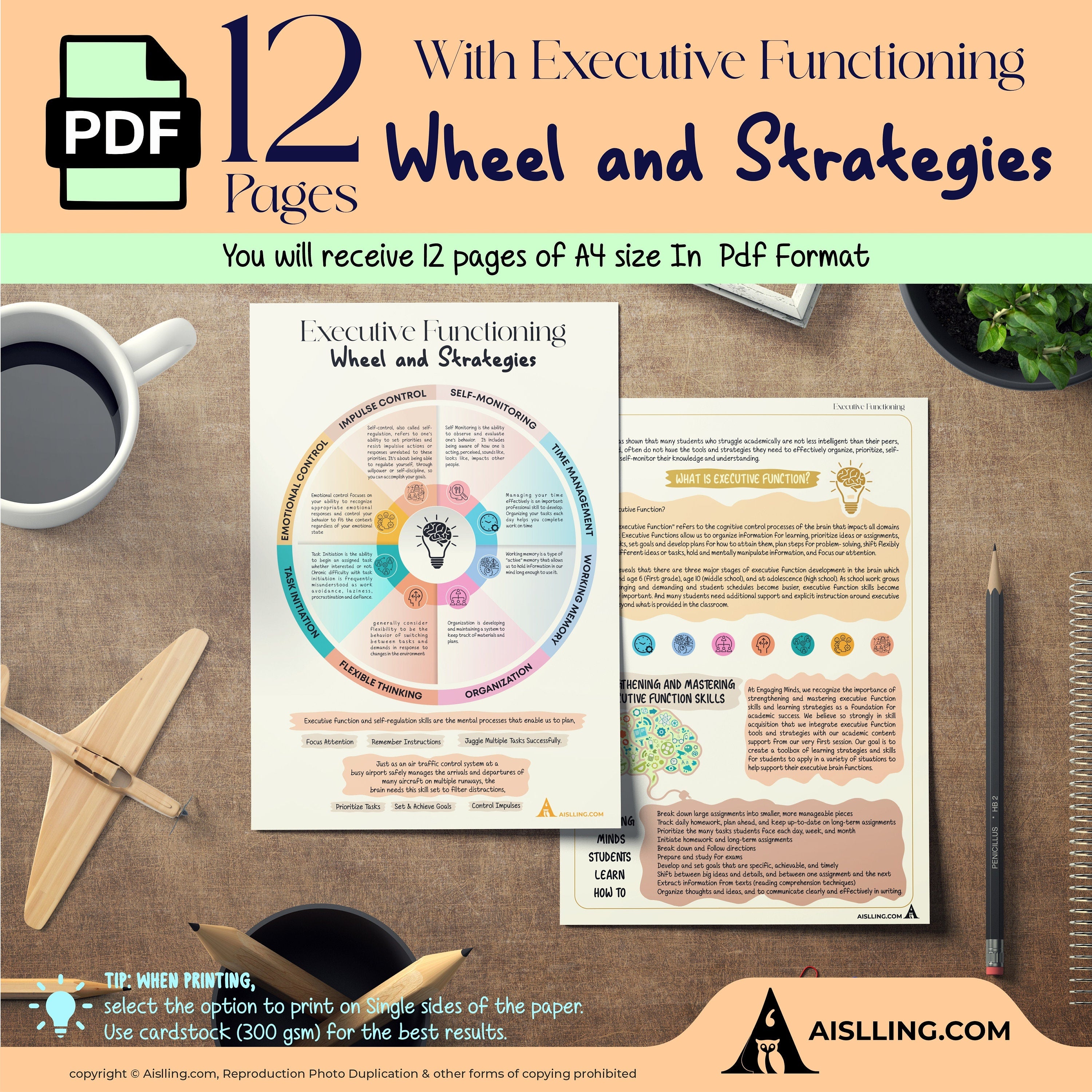 Adhd Worksheets — Executive Functioning Wheel and Strategies, ADHD, Group Therapy Handouts, Working Memory,... | Mindfulness printable
