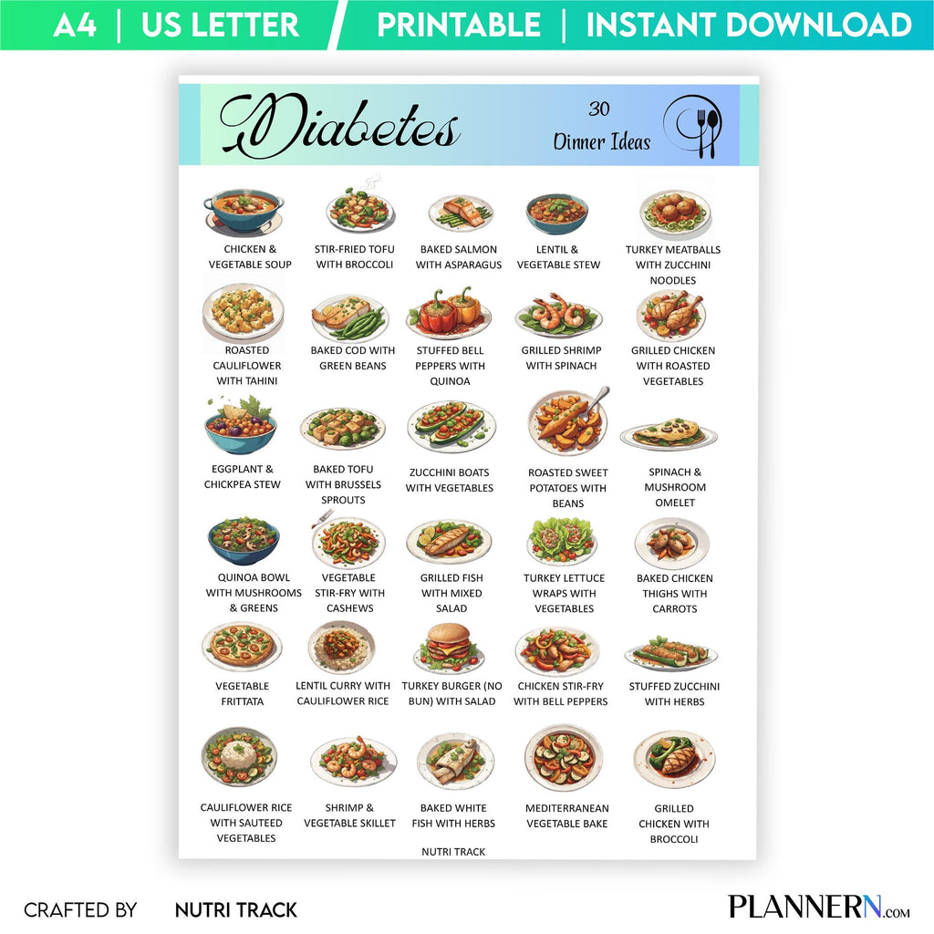 Blood Sugar Control — 30 Diabetes Friendly Dinner Ideas, Low Sugar Dinner Printable PDF, Blood Sugar Friend... | Nutri Track printable