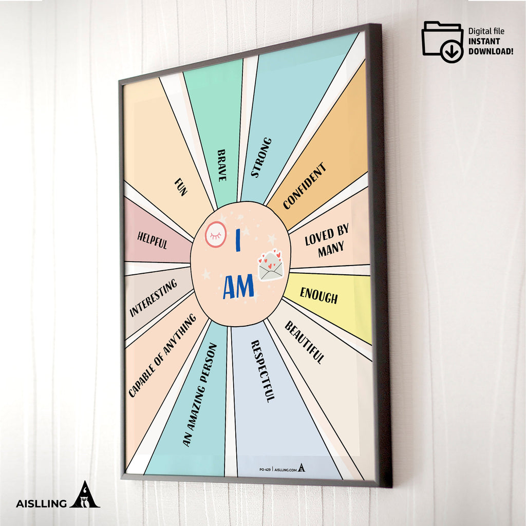 I am affirmations, affirmation poster, affirmation print, therapy office decor, counselling office decor, positive affirmation poster, self