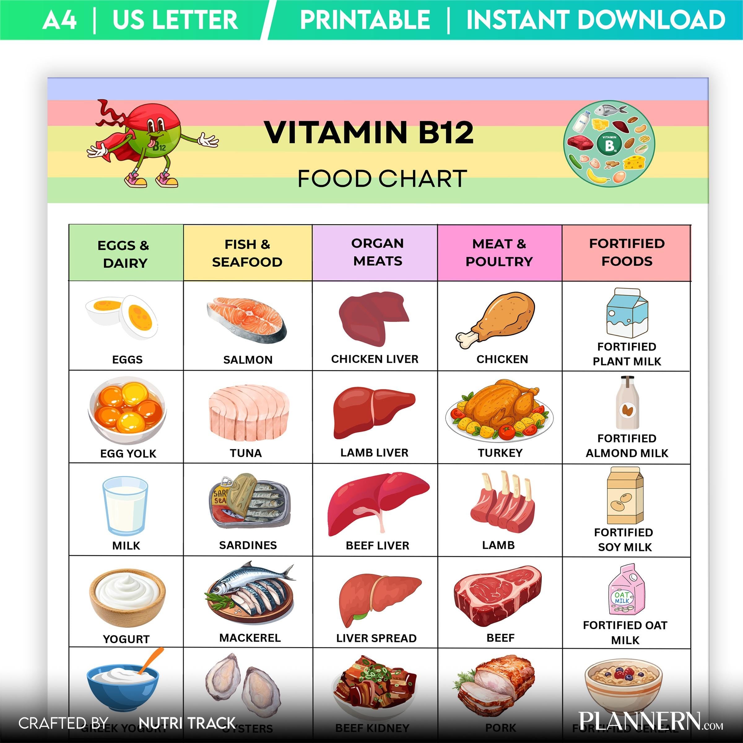 Vitamin B12 Food List Printable, B12 Rich Food Chart, Energy Supporting Foods, B12 Deficiency Diet Guide, H... | Nutri Track printable