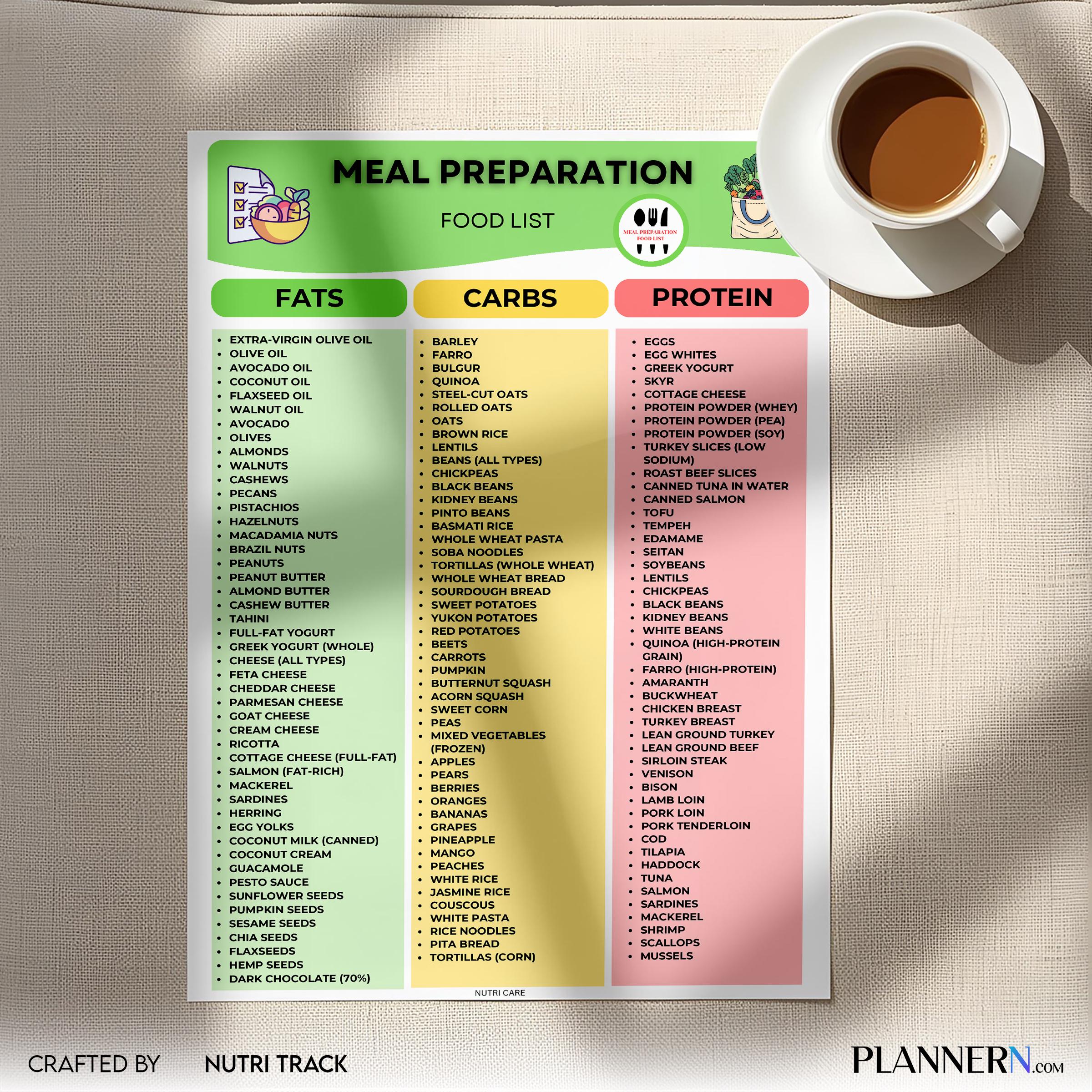 Meal Prep Food List Printable, Healthy Meal Planning Guide, Health Meal Prep Grocery Shopping, Weekly Prep ... | Nutri Track printable