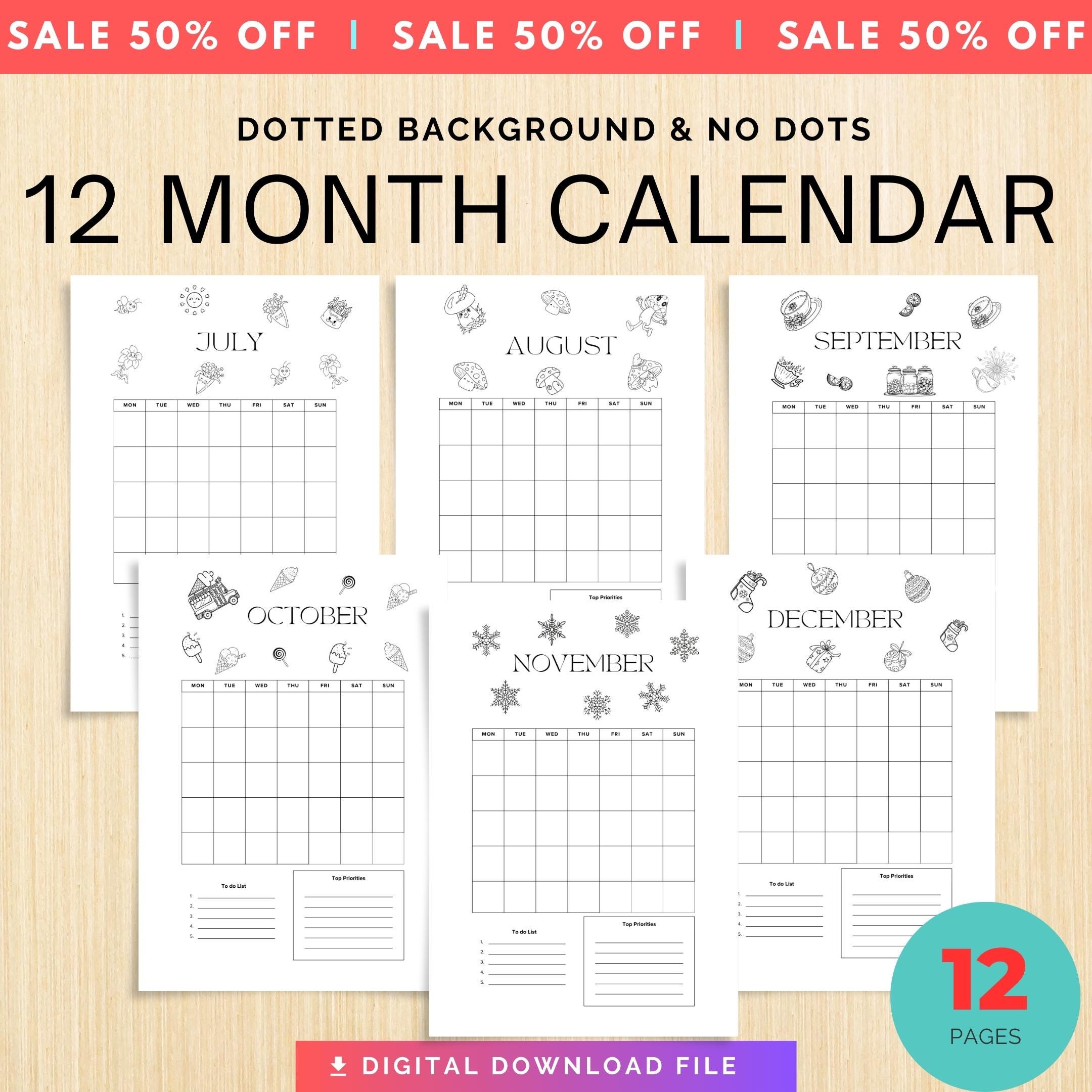 Bujo Template — 12 Month Calendar, Monthly Planner, Journal Calendar, PRINTABLE CALENDAR, Journal, Printabl... | Bloom Joyfully printable
