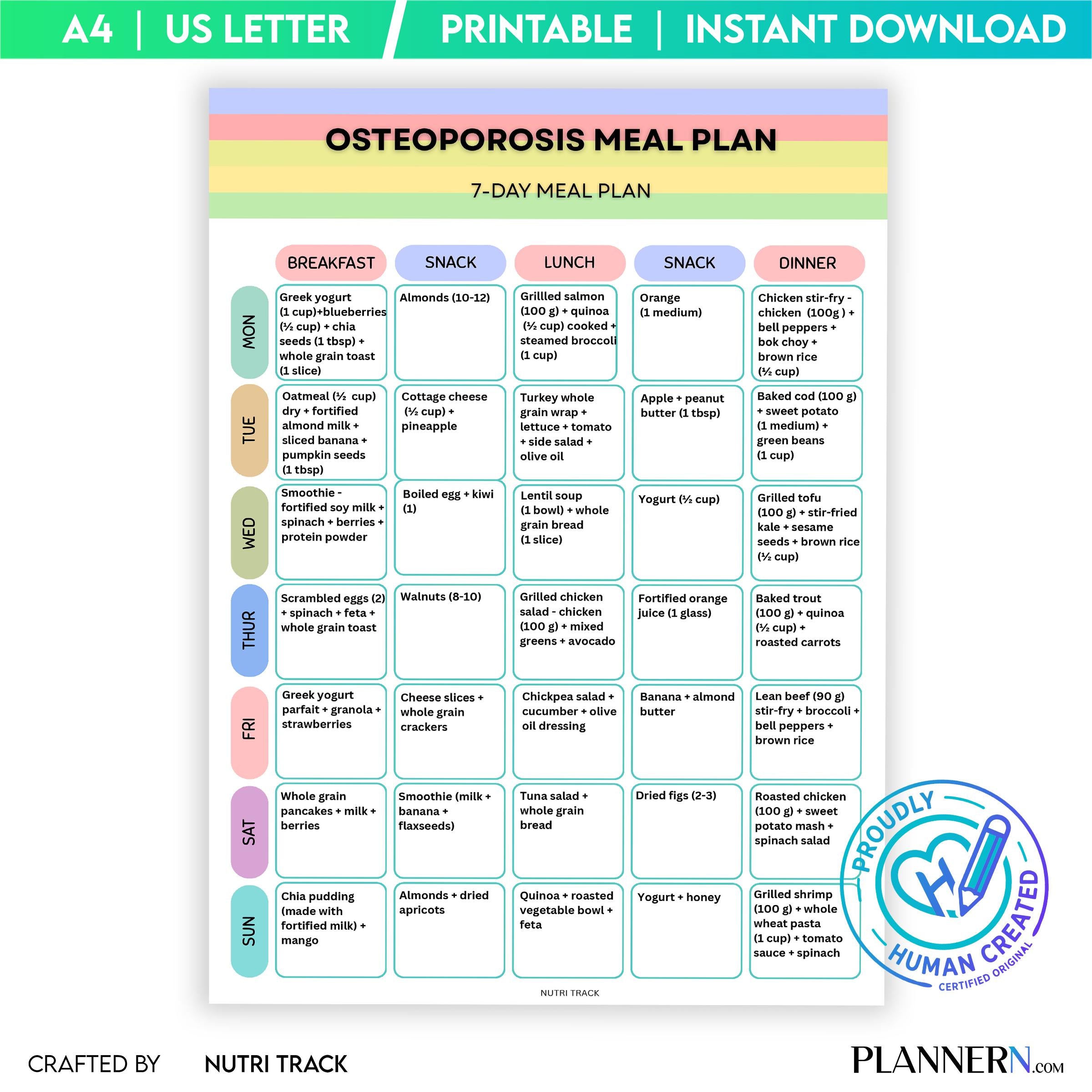 Osteoporosis 7 Day Meal Plan, Bone Health Diet Plan, Calcium Rich Weekly Menu, Osteoporosis Weekly Menu & G... | Nutri Track printable