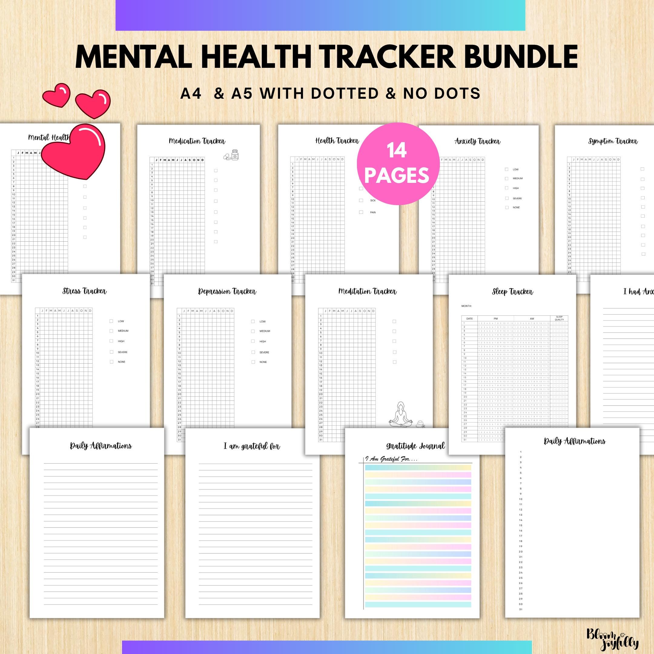 Anxiety Tracker — MENTAL HEALTH TRACKER Bundle, Digital Planner Pages, Printable Planner, A4 & A5 Size | Mindfulness printable