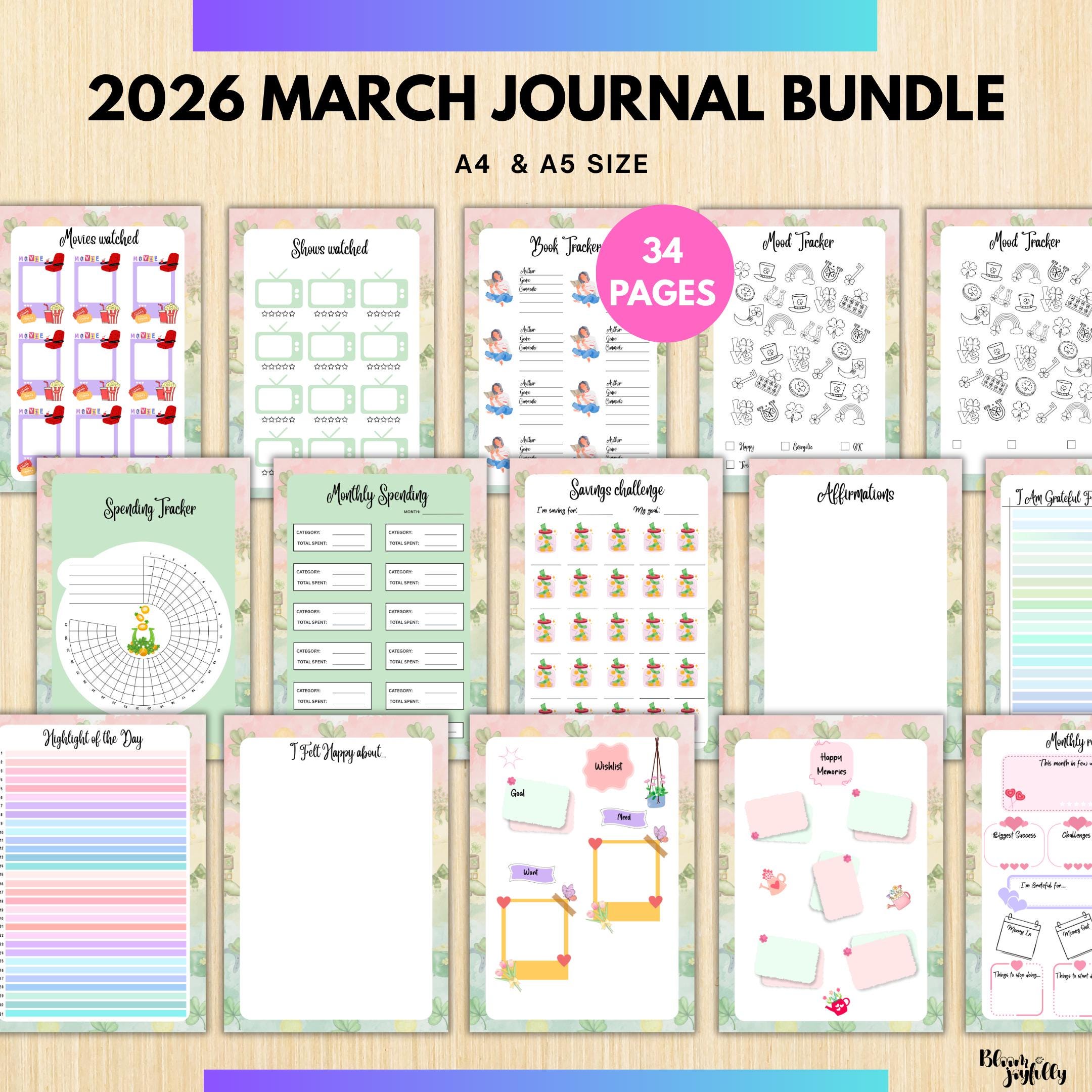 Digital Planner — MARCH Planner Bundle, Habit Tracker, Saving Planner, Mental Health, Gratitude, Mood Track... | Mindfulness printable
