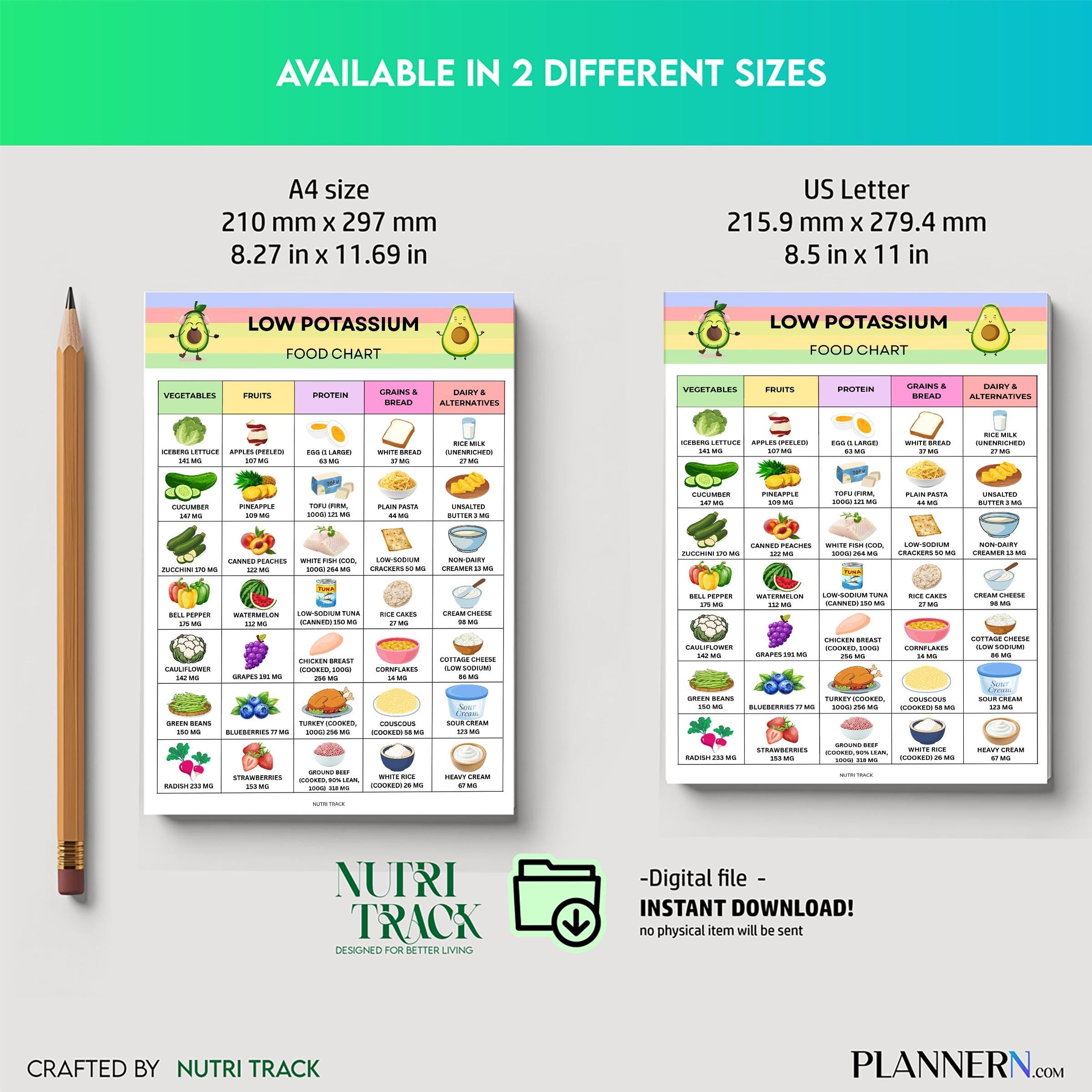 Food Chart Pdf — Low Potassium Food Chart Printable, Kidney Friendly Food List, Renal Diet Guide, Low Potas... | Nutri Track printable