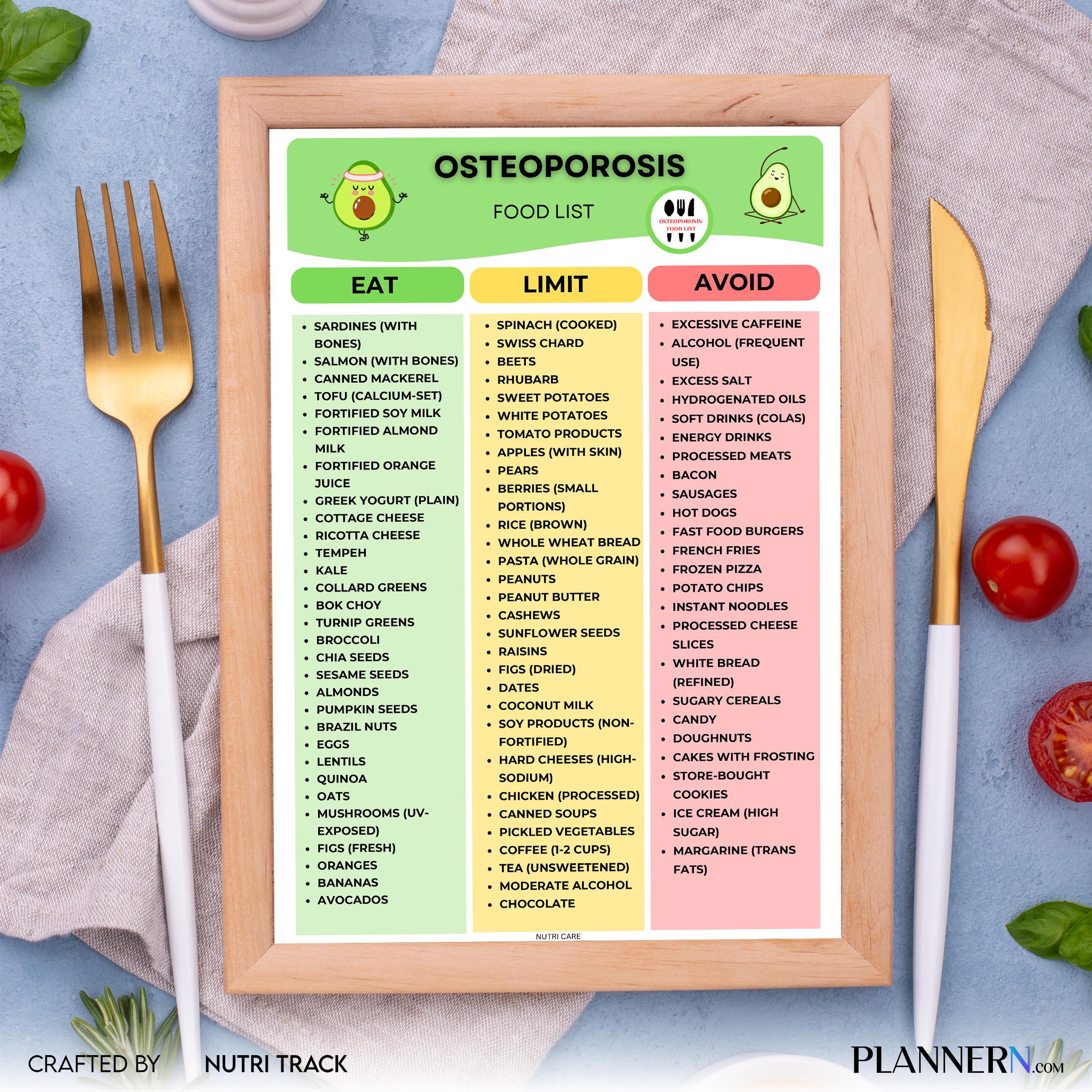 Bone Health — Osteoporosis Food List Printable, Bone Health Food Guide, Calcium Rich Foods Chart, Healthy A... | Nutri Track printable