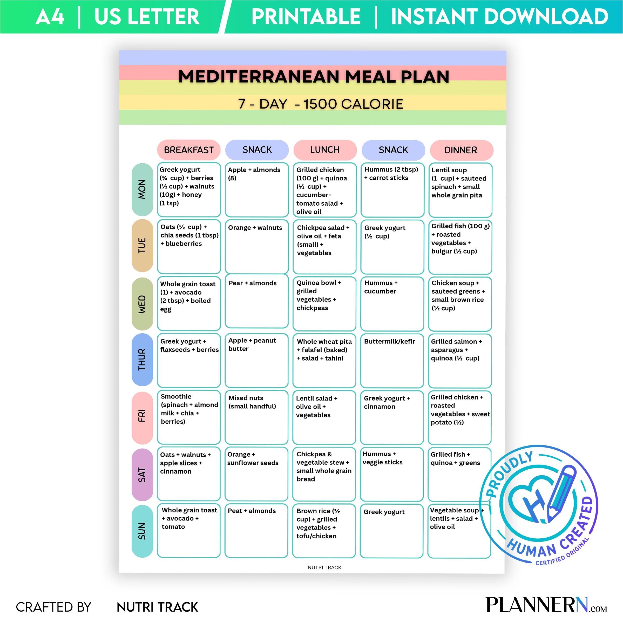Mediterranean 1500 Calorie 7 Day Meal Plan Printable, Mediterranean Meal Plan 1500 Cal, Mediterranean Groce... | Nutri Track printable