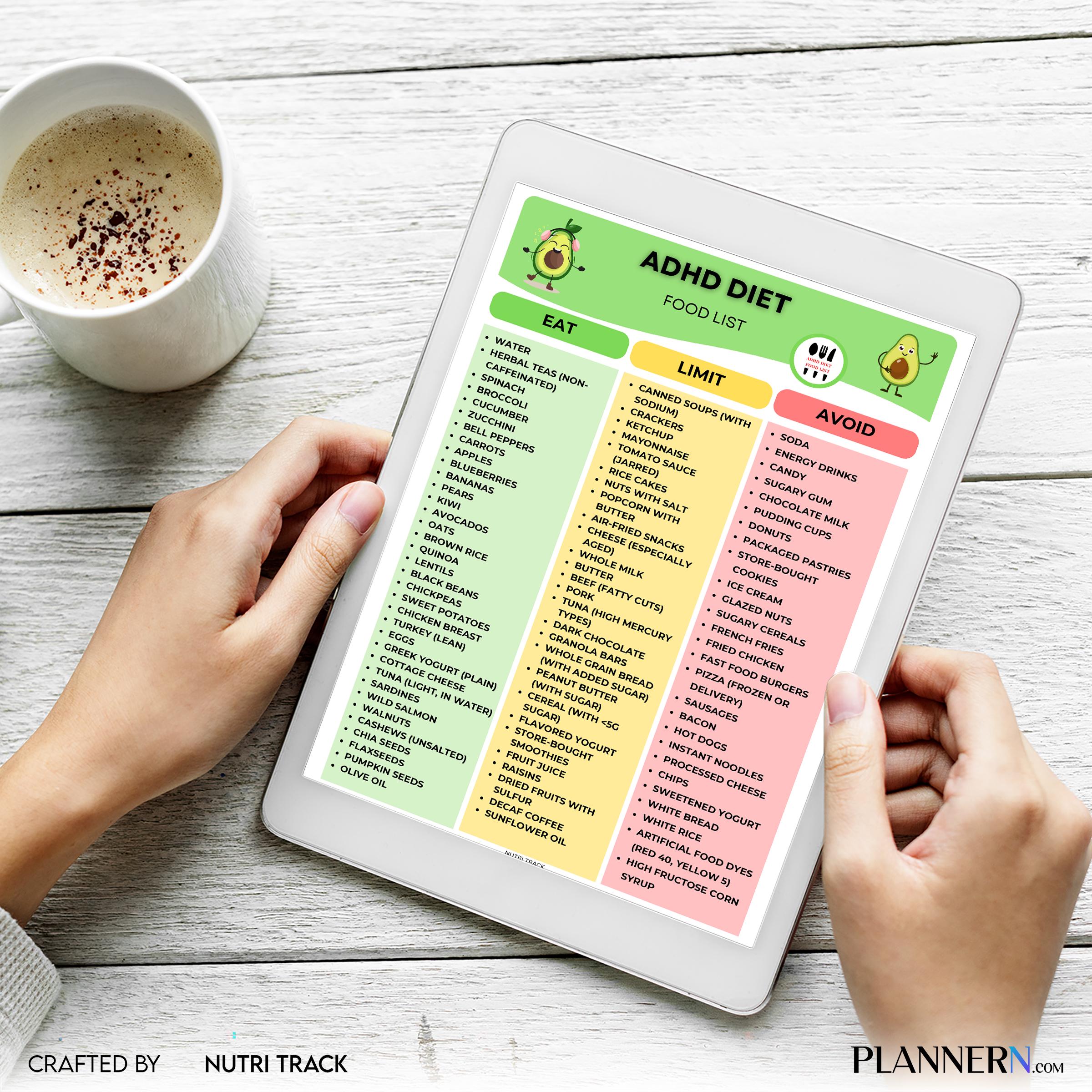 Adhd Diet — ADHD Food List Printable, Brain Healthy Foods Chart, Focus Friendly Nutrition Guide, ADHD Diet ... | Nutri Track printable