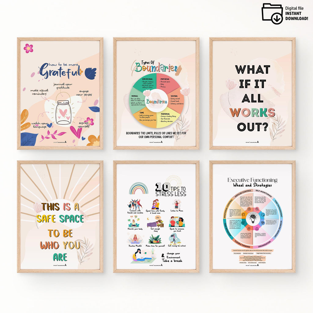 Adhd Worksheets — Set of 6 Prints, Therapist Office Decor Posters Mental Health Art Print Bundle (Digital D... | Mindfulness printable