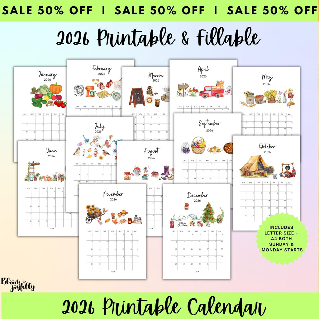2026 Calendar — Farmhouse Calendar Bundle 2026, Printable Monthly Planners, Digital Download Calendar, A4, ... | Bloom Joyfully printable