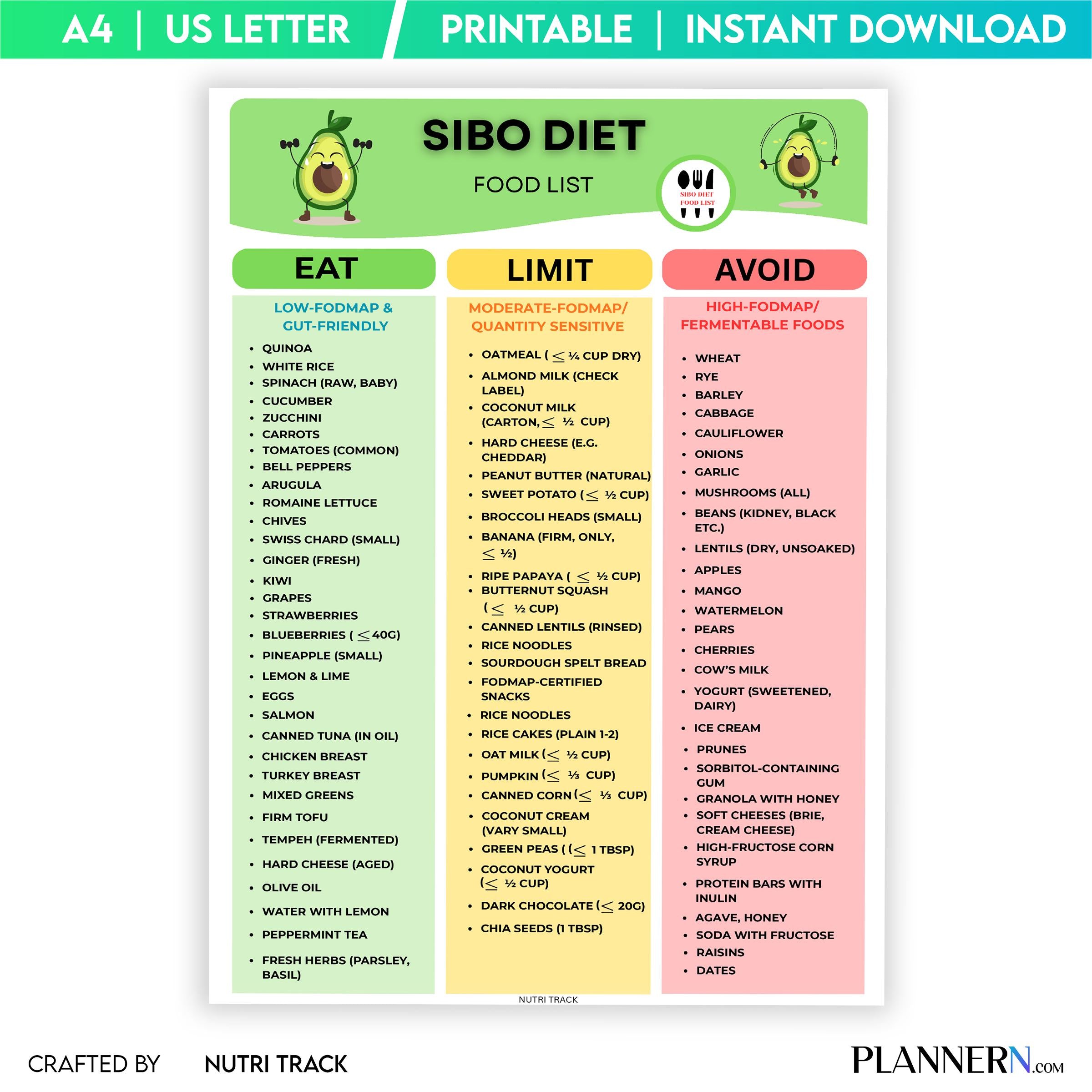 Diet Printable — SIBO Diet Food List Printable, SIBO, Friendly Food Chart, PDF, Fodmap Grocery List, Eat Li... | Nutri Track printable