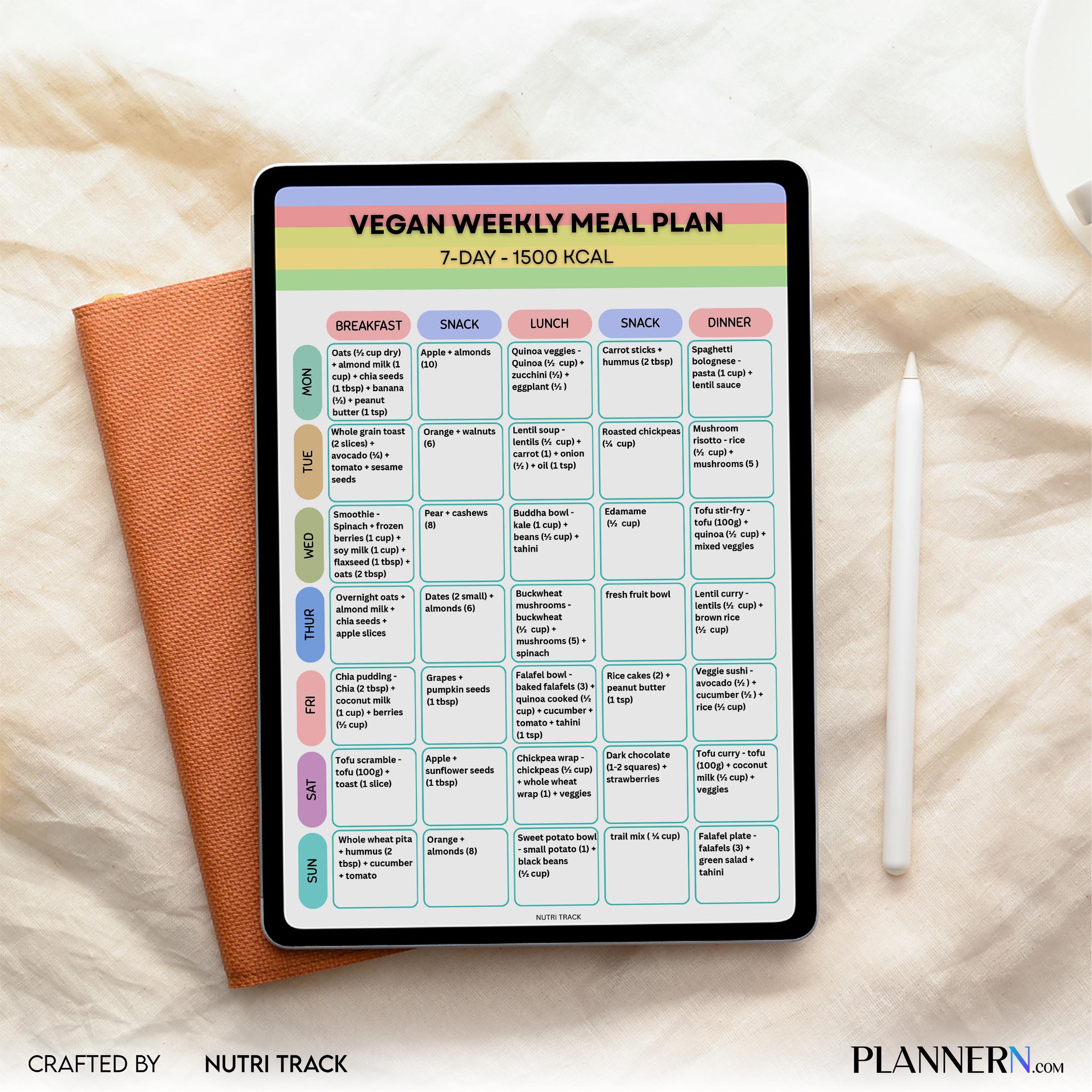 Vegan Weekly Meal Plan 1500 Calorie Printable 7 Day Vegan Meal Plan, Plant Based Diet Planner, Vegan Weight... | Nutri Track printable