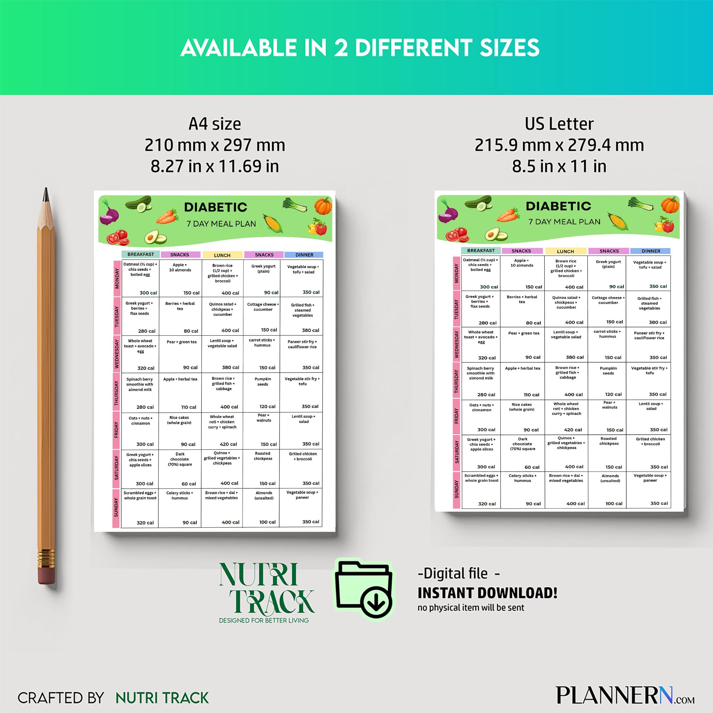 7 Day Meal Plan — Diabetic Meal Plan Printable, Low Glycemic Food PDF, Low Carb Foods, 7 Day Diabetic Meal ... | Nutri Track printable