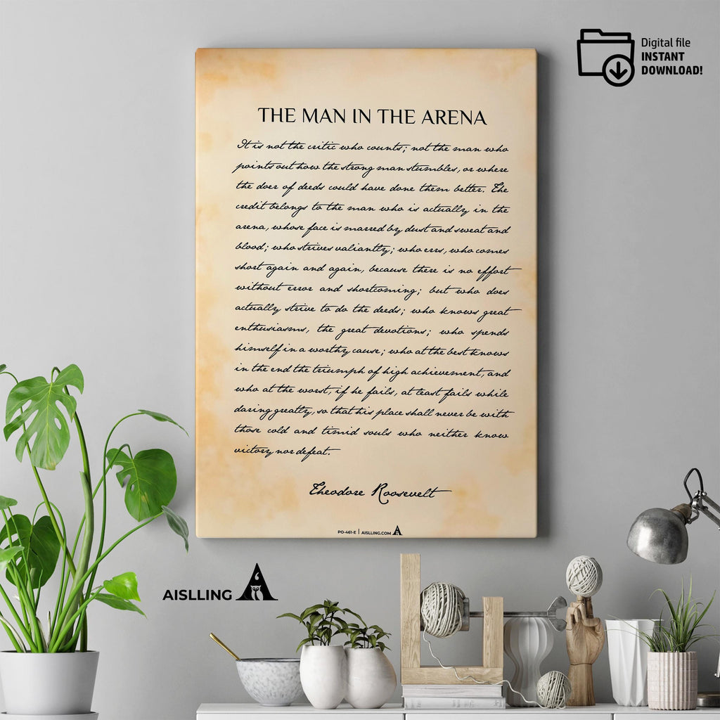 Black And White — The Man in the Arena Quote, Theodore Roosevelt Inspirational Wall Art, Daring Greatly Mot... | Aislling printable
