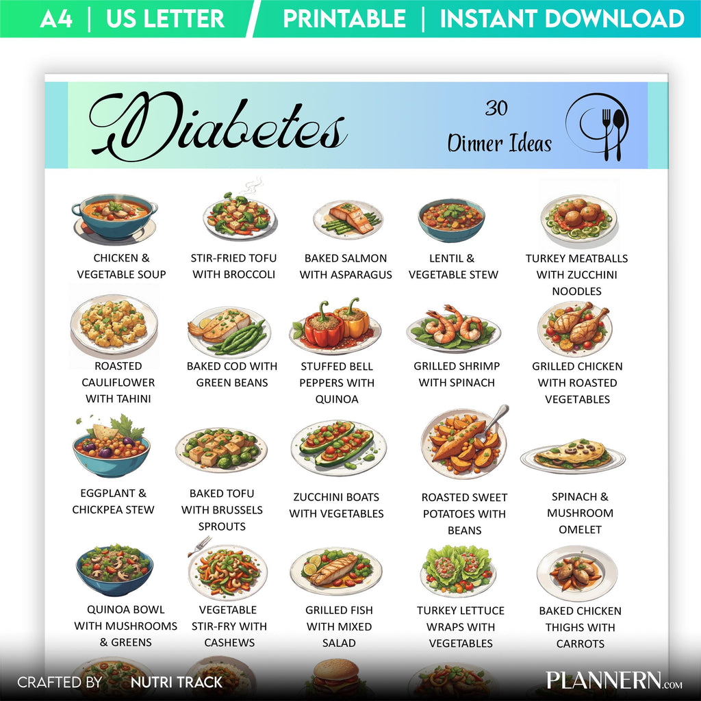 Blood Sugar Control — 30 Diabetes Friendly Dinner Ideas, Low Sugar Dinner Printable PDF, Blood Sugar Friend... | Nutri Track printable