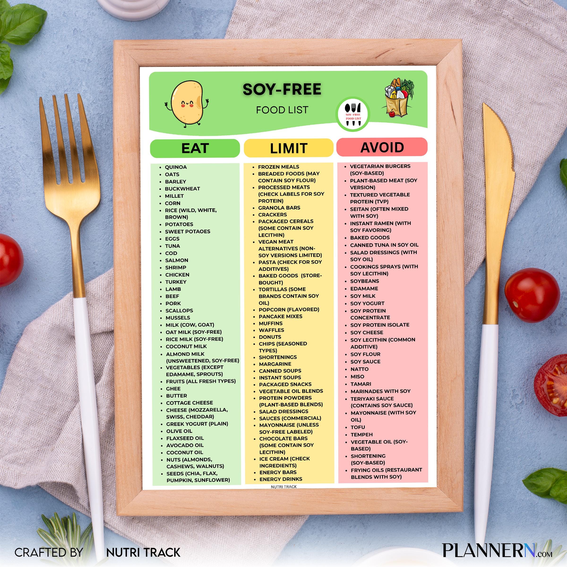 Allergy Food List — Soy Free Food List Printable, Soy Allergy Diet Planner, Foods to Eat & Avoid, Soy Free ... | Nutri Track printable