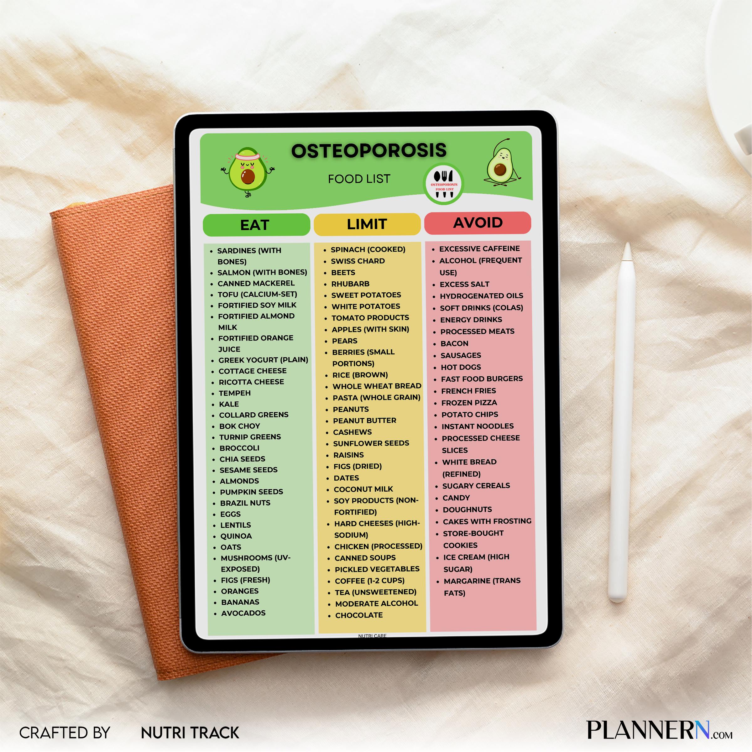 Bone Health — Osteoporosis Food List Printable, Bone Health Food Guide, Calcium Rich Foods Chart, Healthy A... | Nutri Track printable