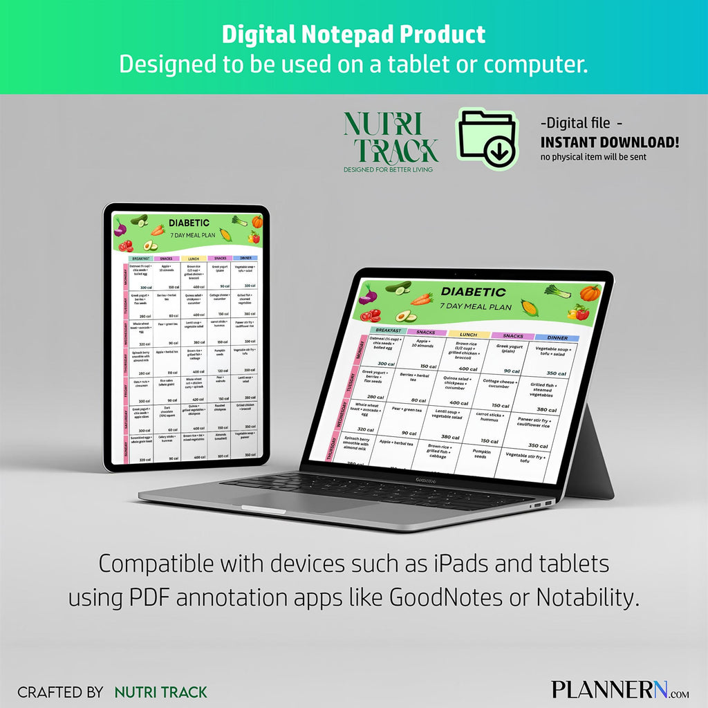 7 Day Meal Plan — Diabetic Meal Plan Printable, Low Glycemic Food PDF, Low Carb Foods, 7 Day Diabetic Meal ... | Nutri Track printable