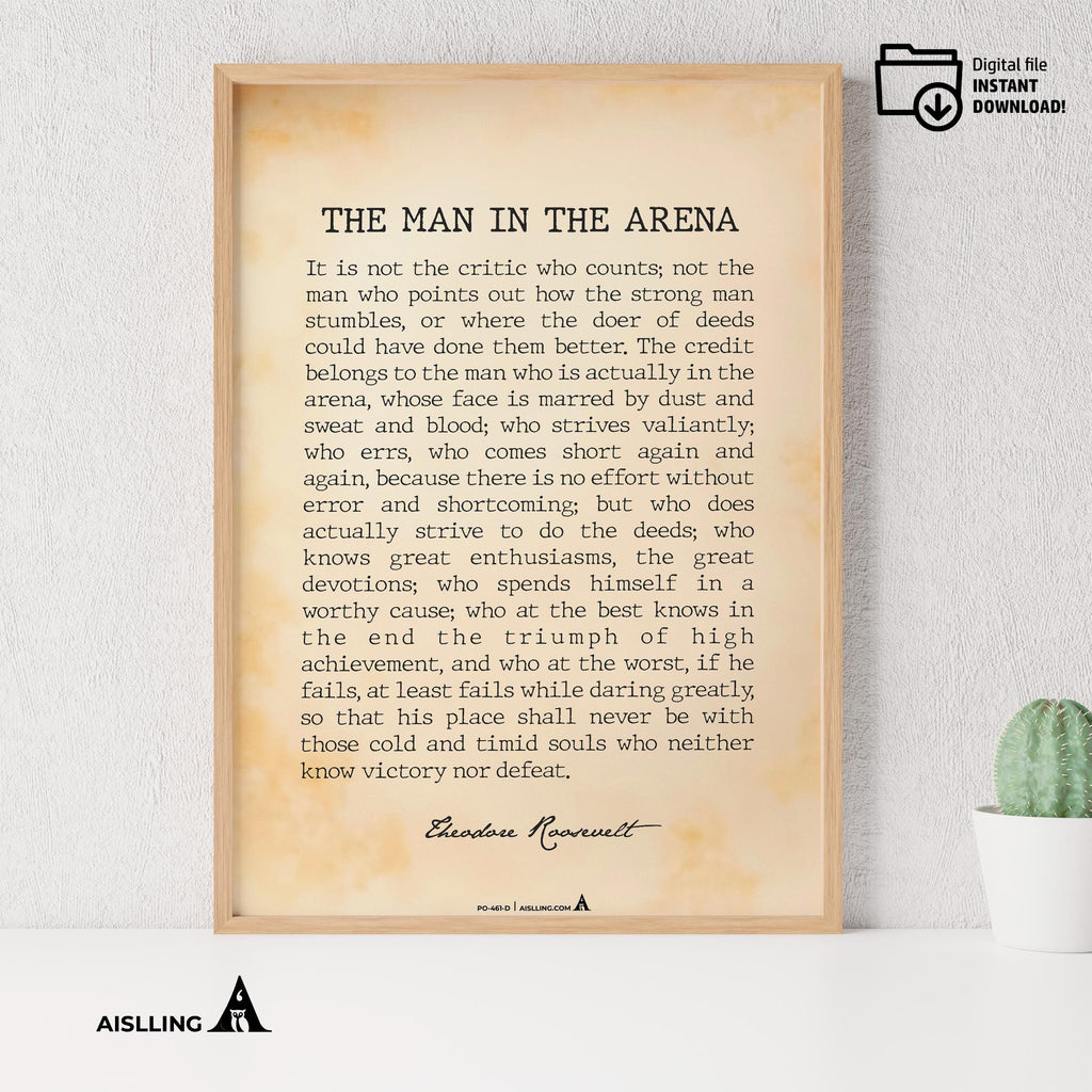 Black And White — The Man In The Arena Quote, Printable Wall Art, Theodore Roosevelt Daring Greatly Inspira... | Aislling printable