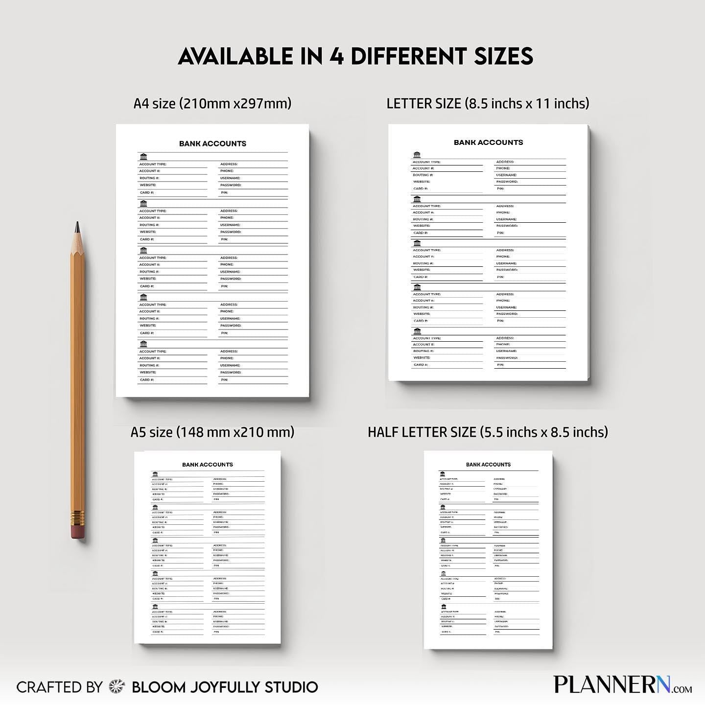 Account Balance — Bank Accounts Information PRINTABLE, Personal Finance Organizer, Instant Download, A4, A5... | Bloom Joyfully printable