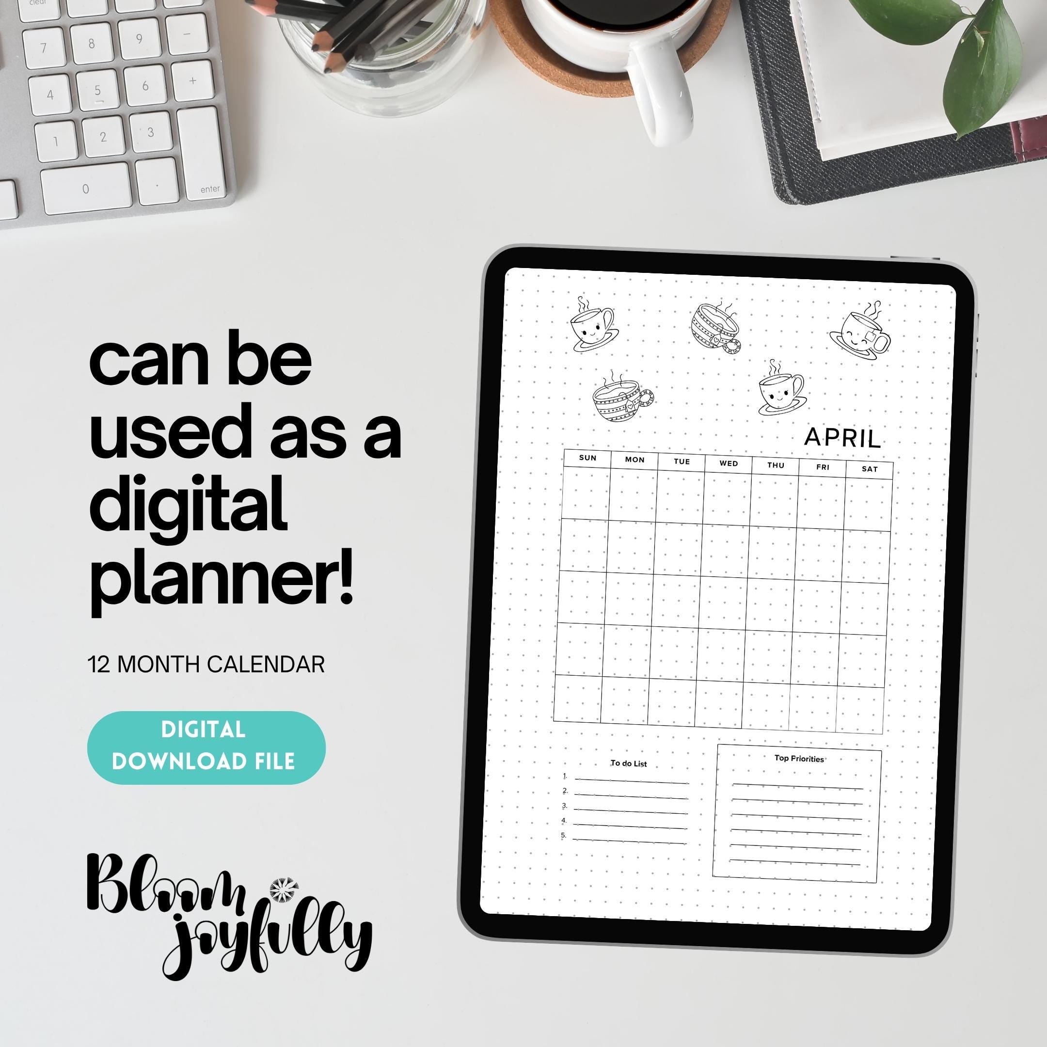 Bujo Template — 12 Month Calendar, Monthly Planner, Journal Calendar, PRINTABLE CALENDAR, Journal, Printabl... | Bloom Joyfully printable