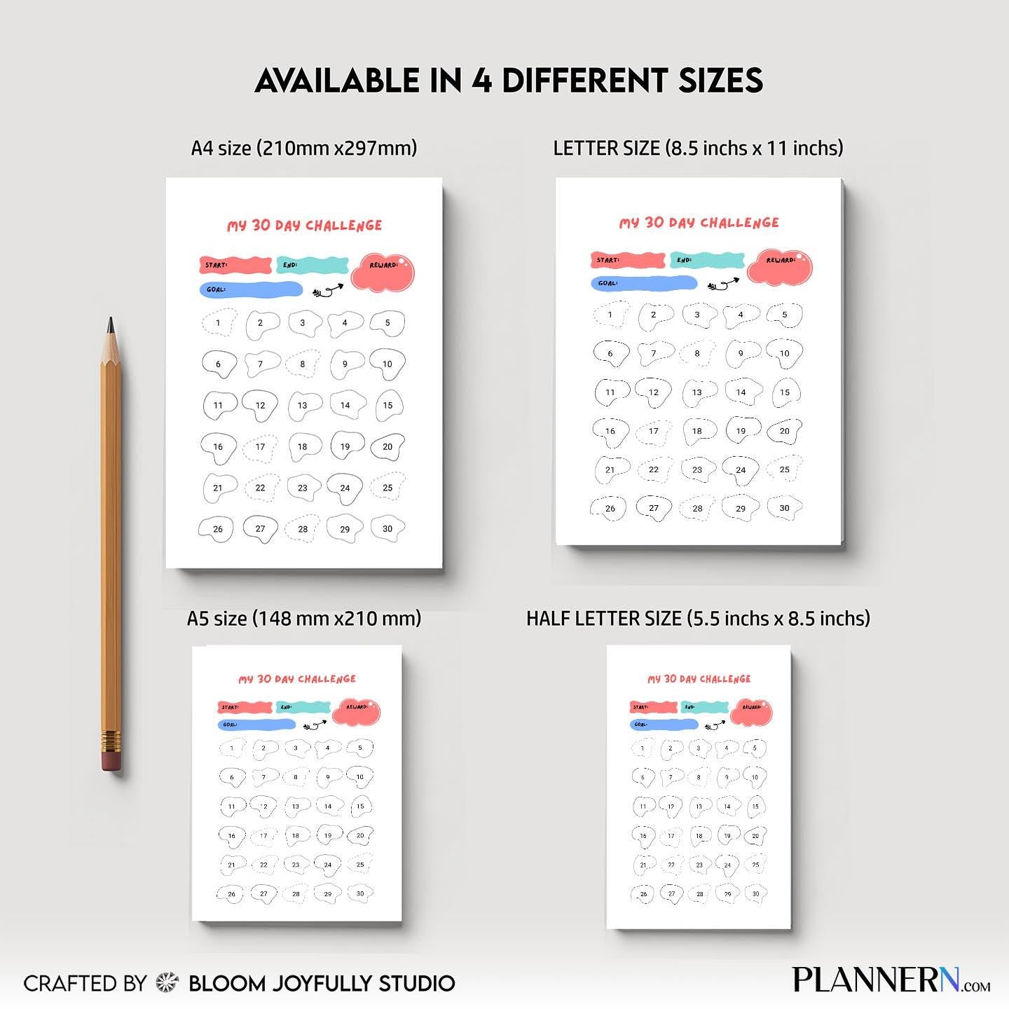 30 Day Challenge PRINTABLE, Daily Goal Tracker, Self Improvement Planner, A4, A5, Letter, Half size, Instan... | Bloom Joyfully printable