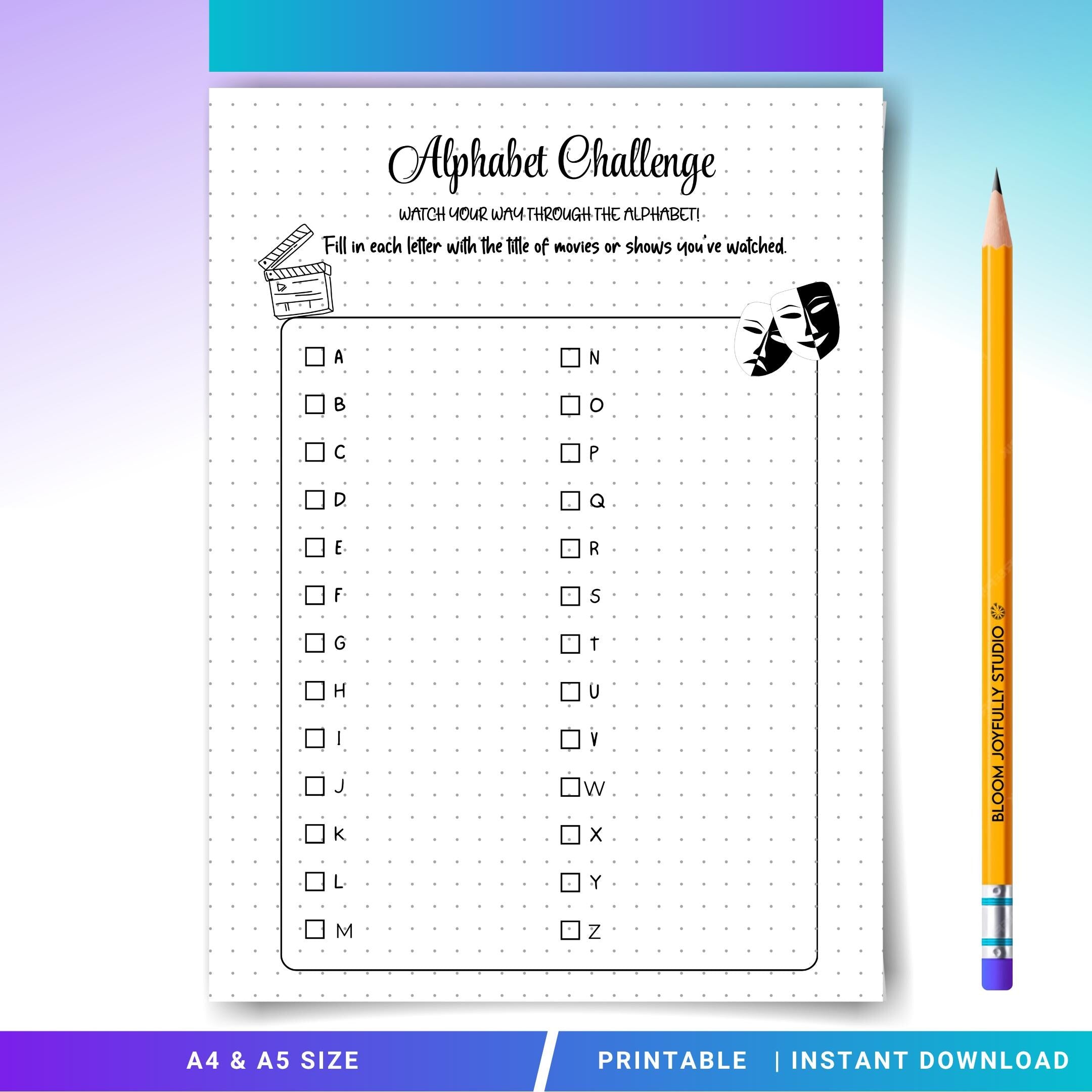 A To Z Movie List — Alphabet Movie Challenge PRINTABLE, A–Z Movie List, Film Bucket List, Movie Night Plann... | Bloom Joyfully printable