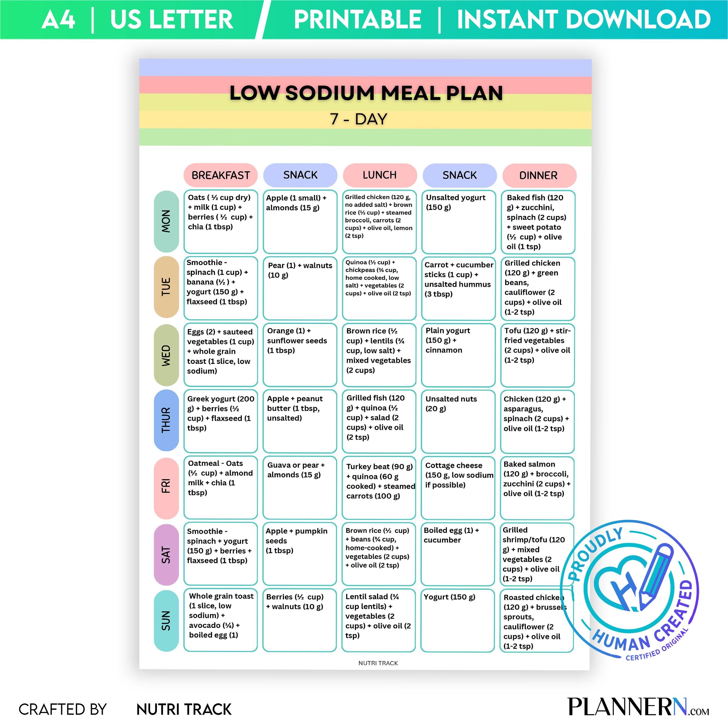 Low Sodium 7 Day Meal Plan Printable, Heart Healthy Meal Plan, Low Salt Diet Menu, Low Sodium Grocery List,... | Nutri Track printable