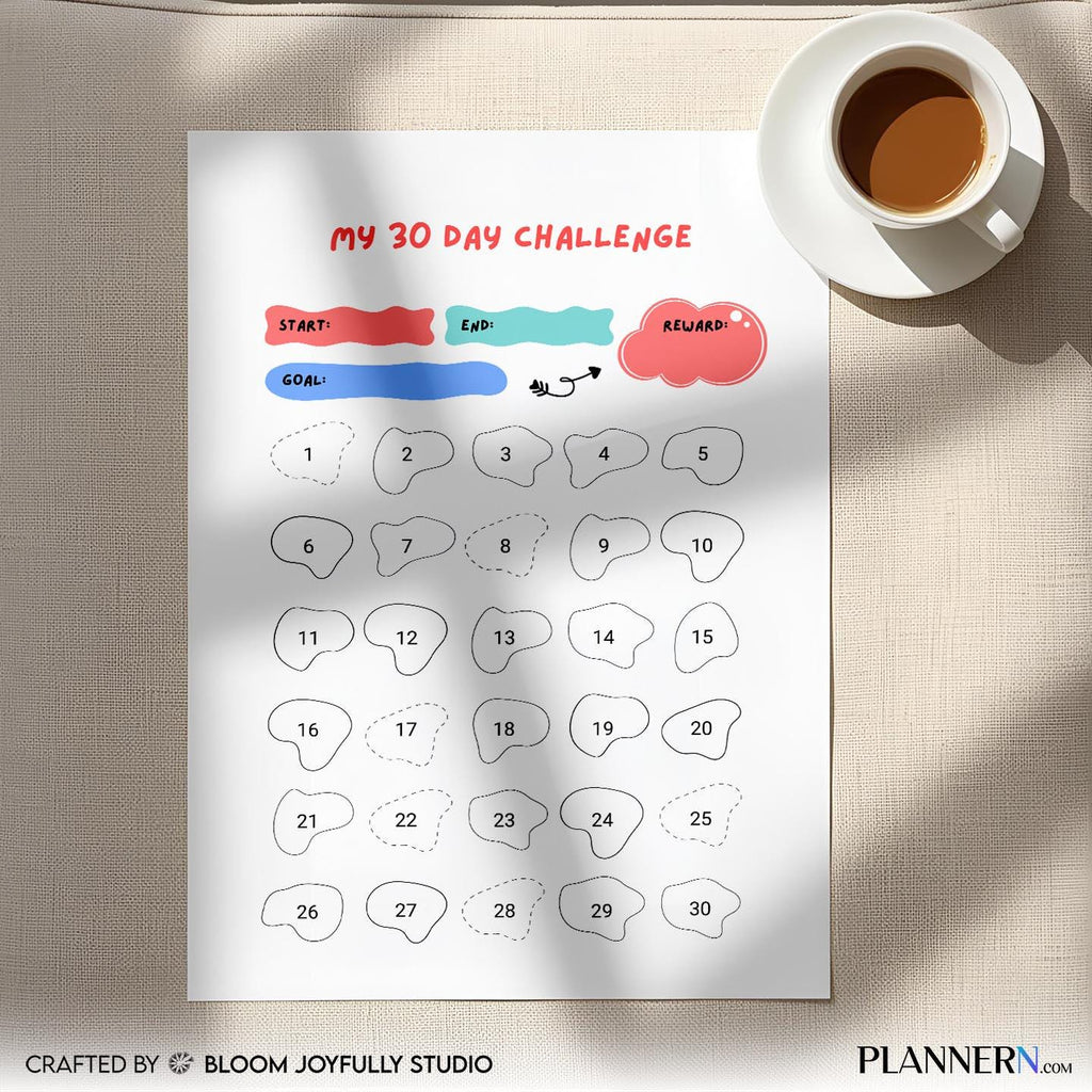 30 Day Challenge PRINTABLE, Daily Goal Tracker, Self Improvement Planner, A4, A5, Letter, Half size, Instan... | Bloom Joyfully printable