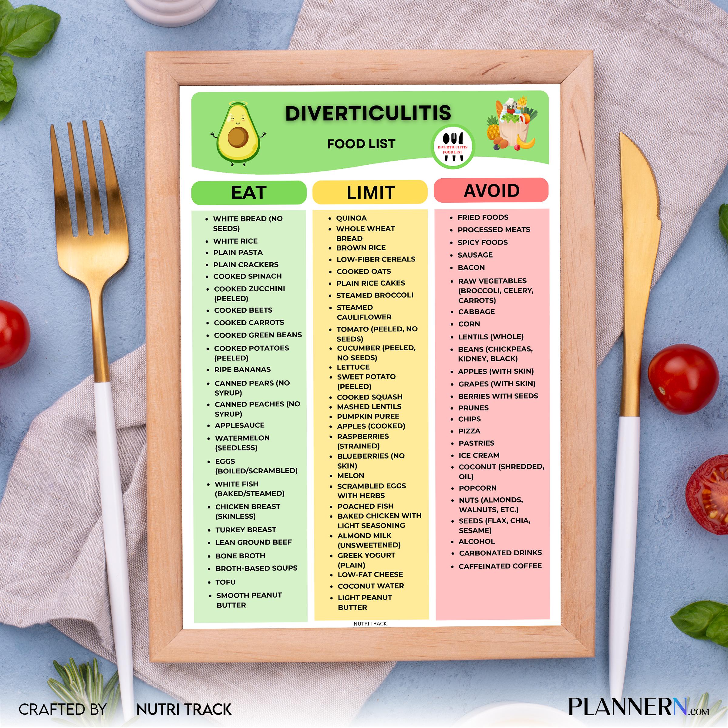 Colon Health Diet — Diverticulitis Diet Food Chart, Low Fiber Foods List for Gut Health & Digestion, Low Fi... | Nutri Track printable