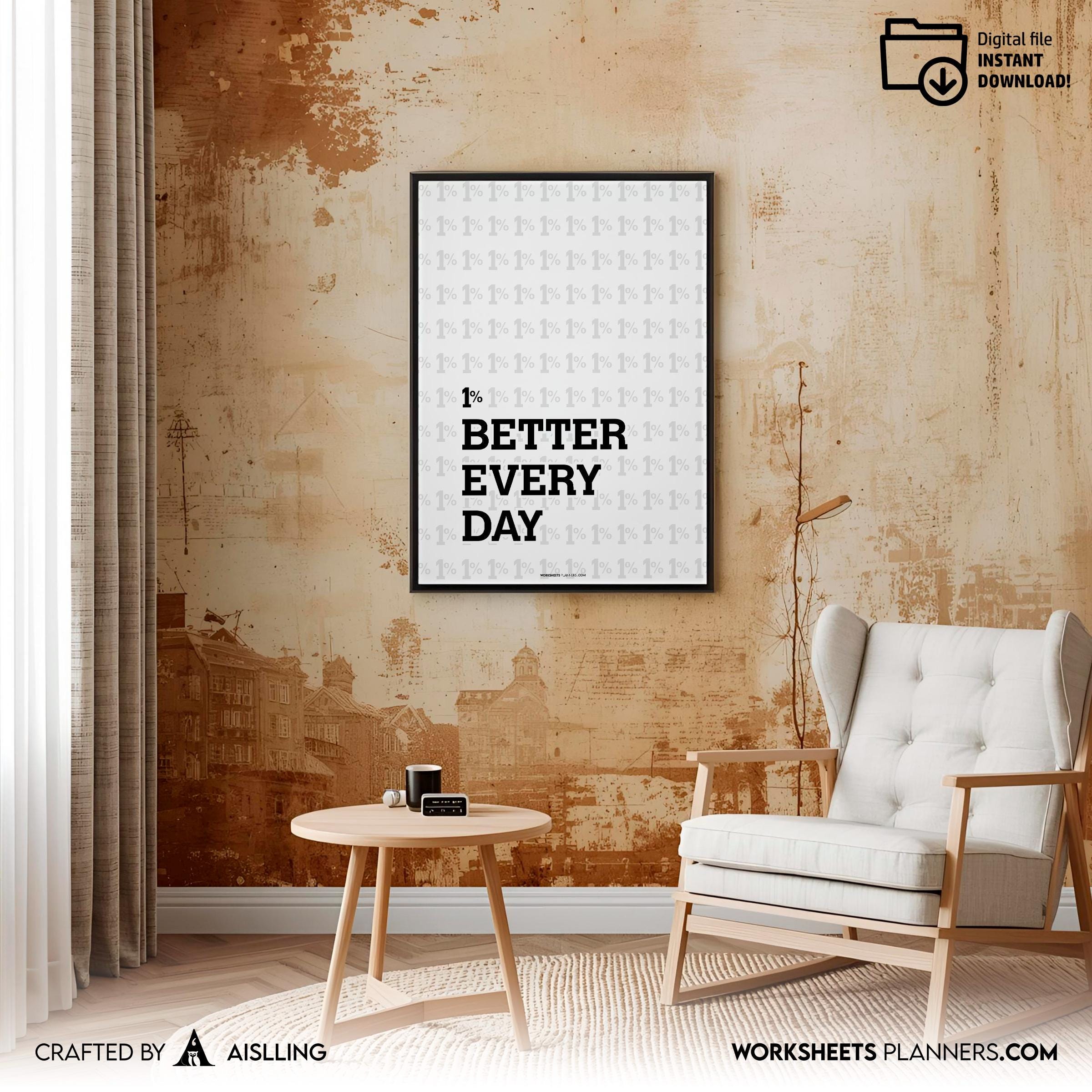 1% Better Every Day Printable Wall Art, Motivational Quote Poster, Minimal Mindset Decor, Productivity Digi... | Aislling printable