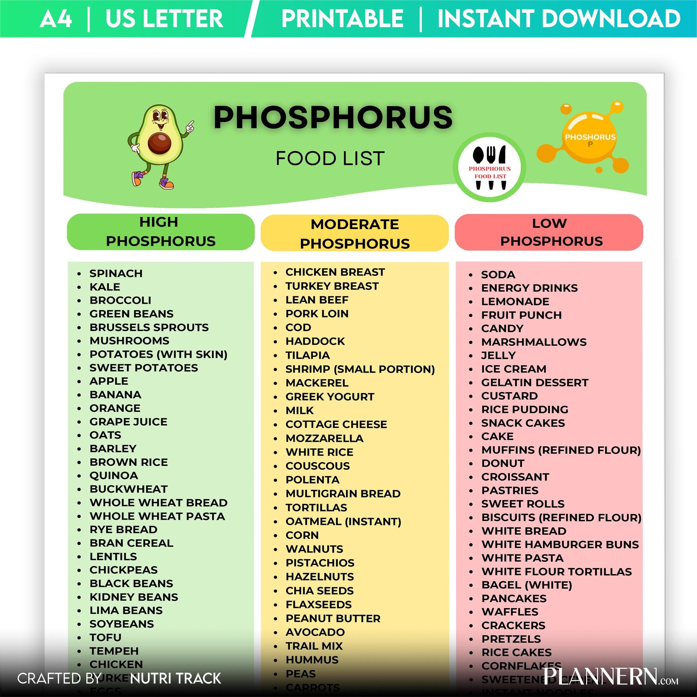 Digital Download — Phosphorus Food List Printable, Phosphorus Rich Foods Chart, Mineral Food Guide, Healthy... | Nutri Track printable